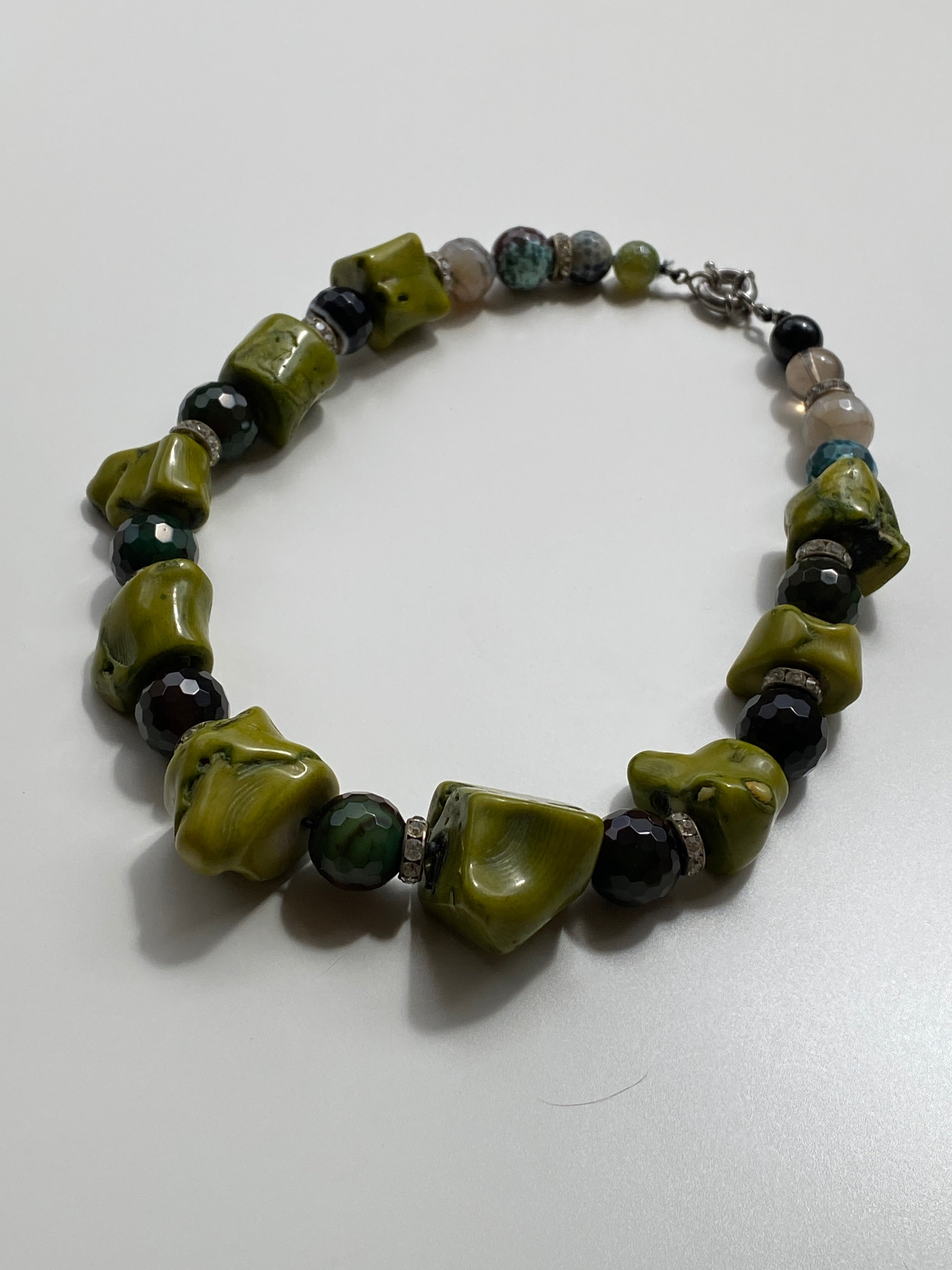 Vintage Natural Mixed Stone Statement Necklace Olive Jade, Onyx with Rhinestone Spacers