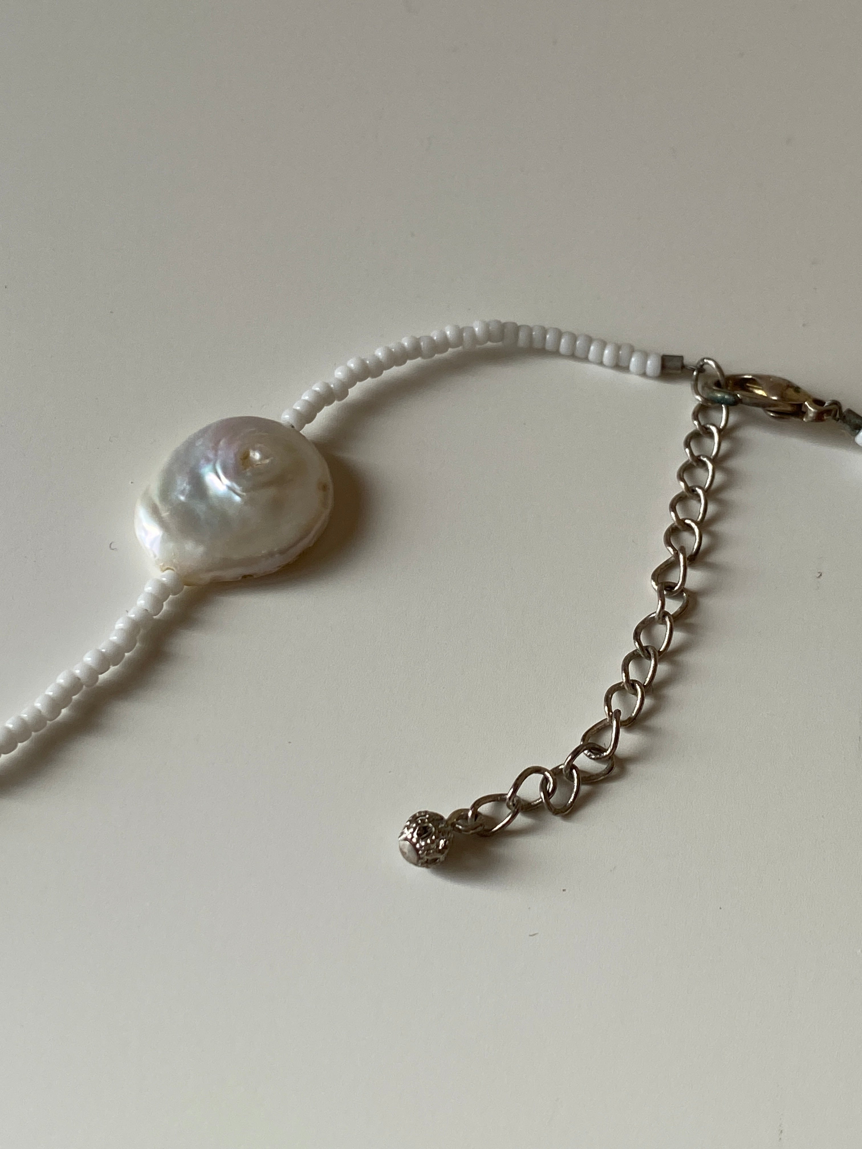 Vintage White Mother of Pearl Coin Beaded Necklace with Seed Beads