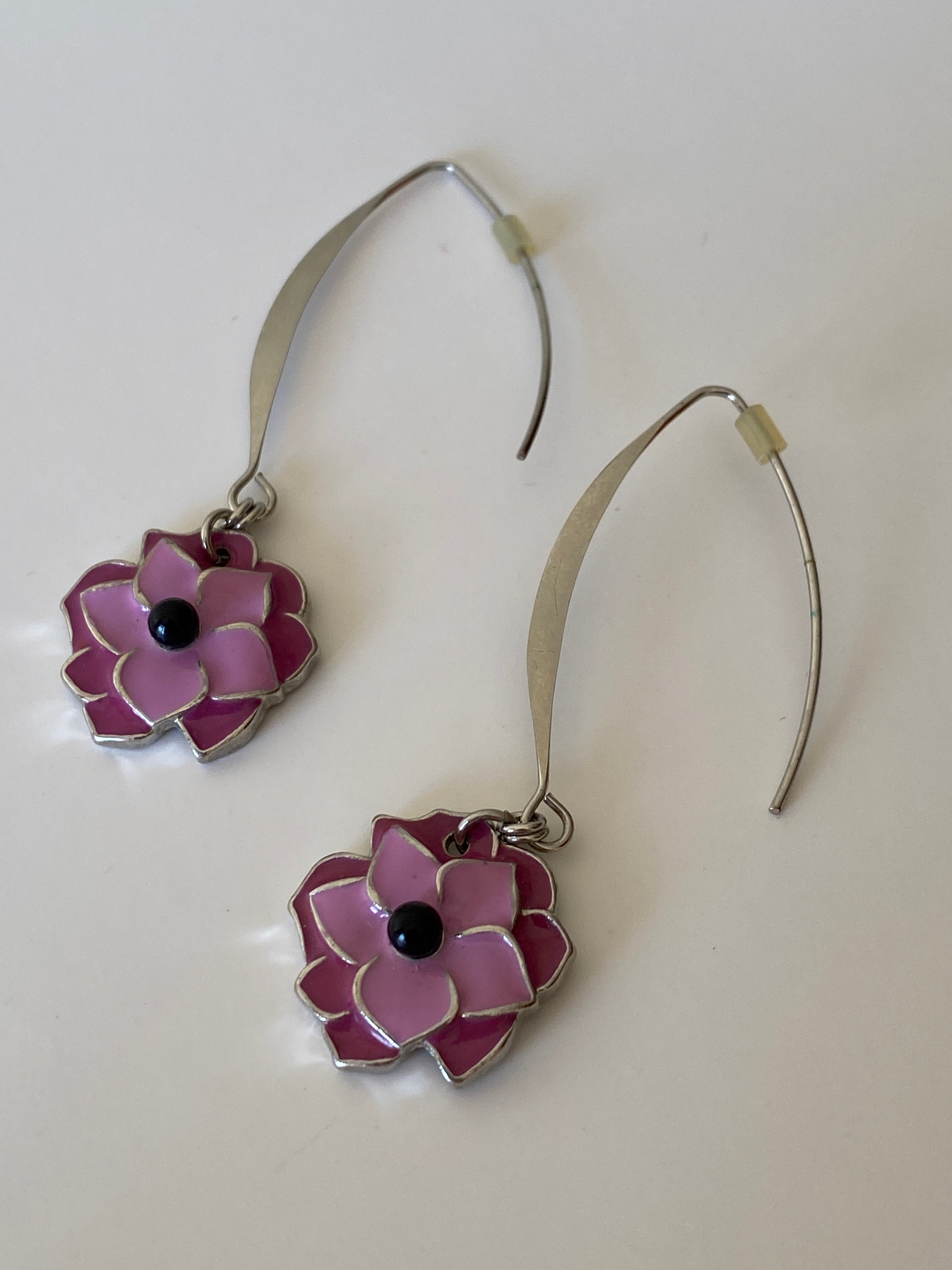 Vintage Enamel Flower Drop Earrings - Pink & Purple Floral Dangle