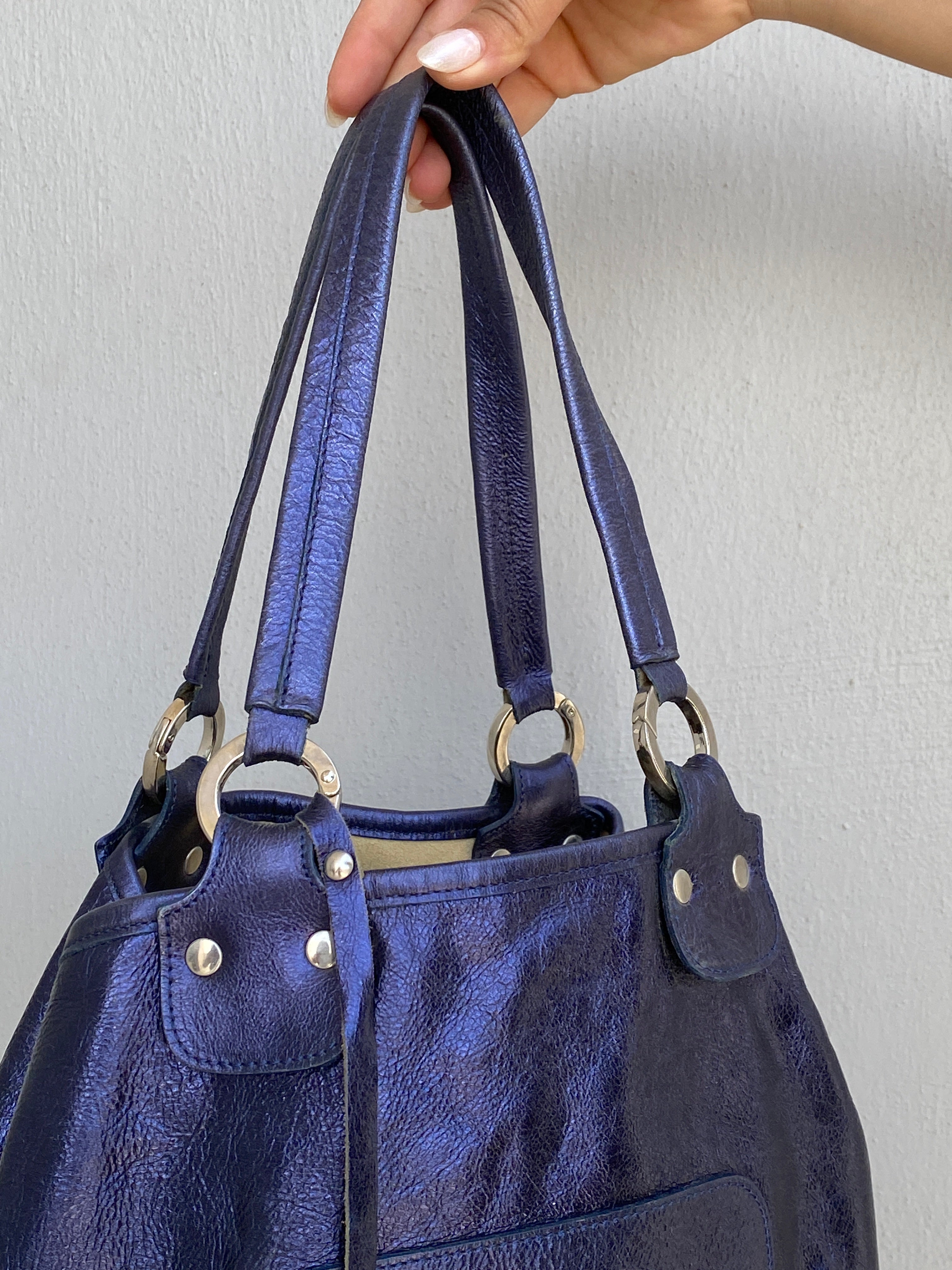 Vintage Y2K Metallic Blue Genuine Leather Slouchy Shoulder Bag