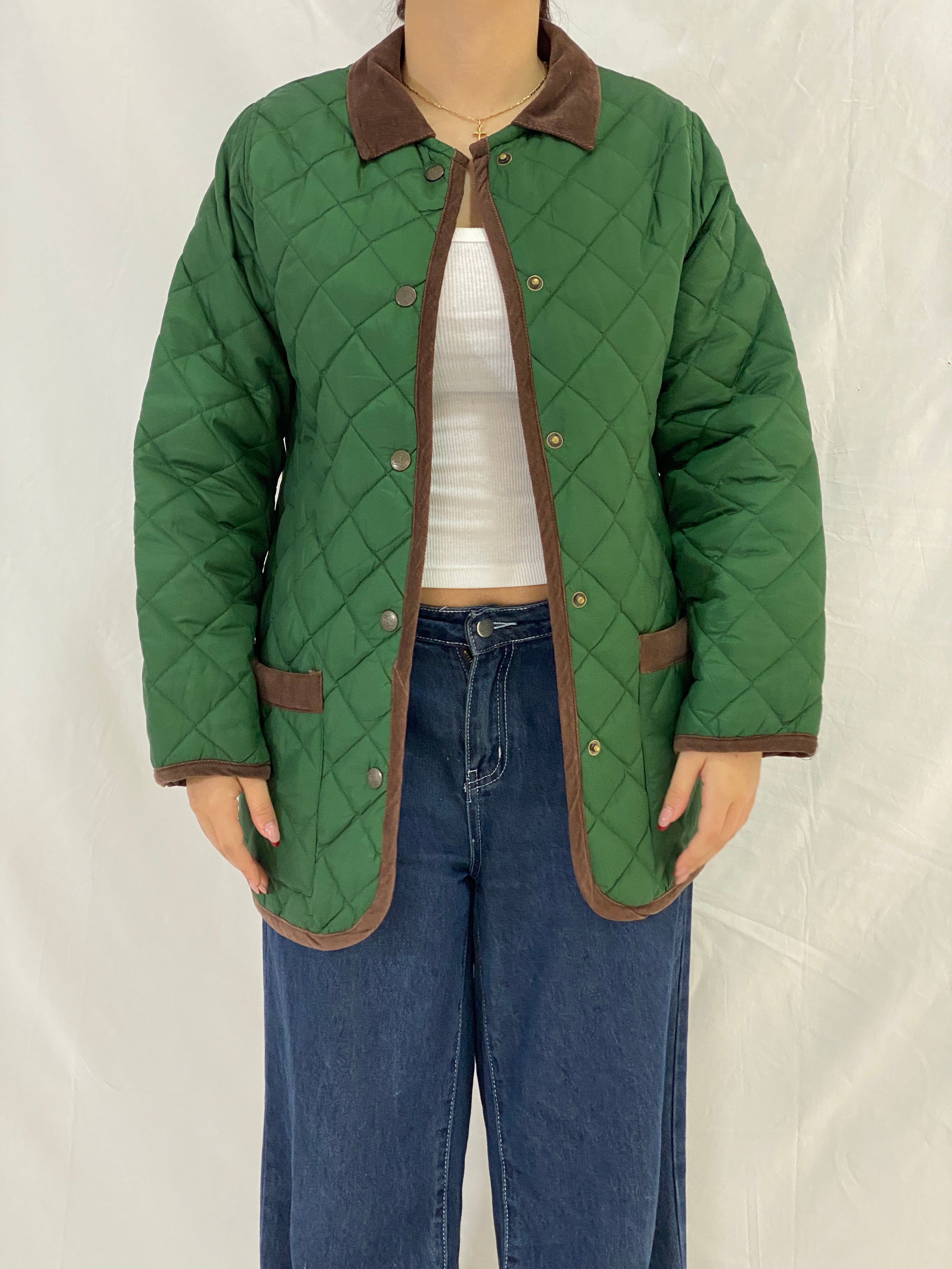 Vintage Green Quilted Nylon Jacket with Brown Corduroy Trim – S