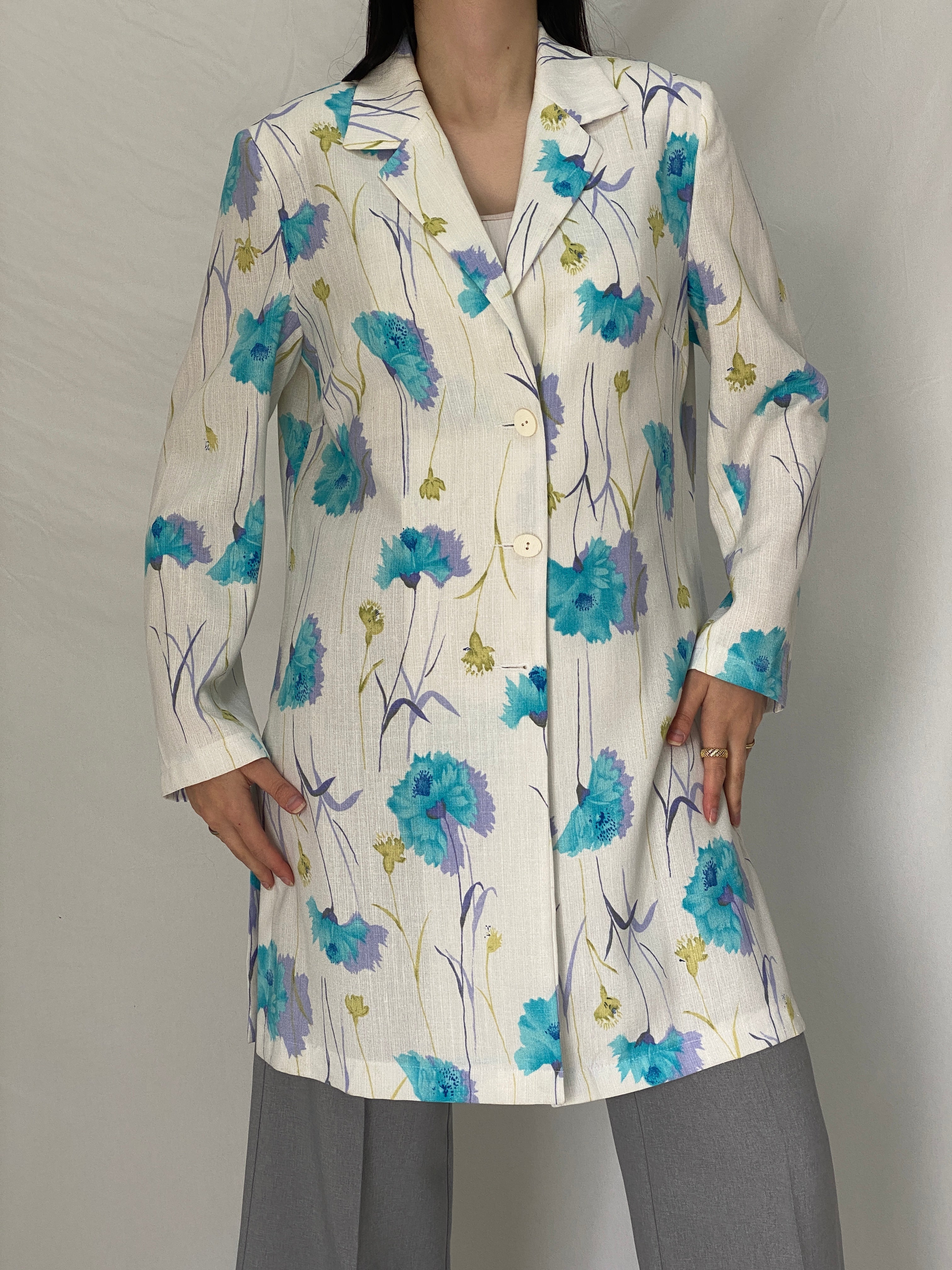 Vintage As Niobe New Line by ASM Floral Long Blazer 90s Blue Botanical Tailored Jacket - M