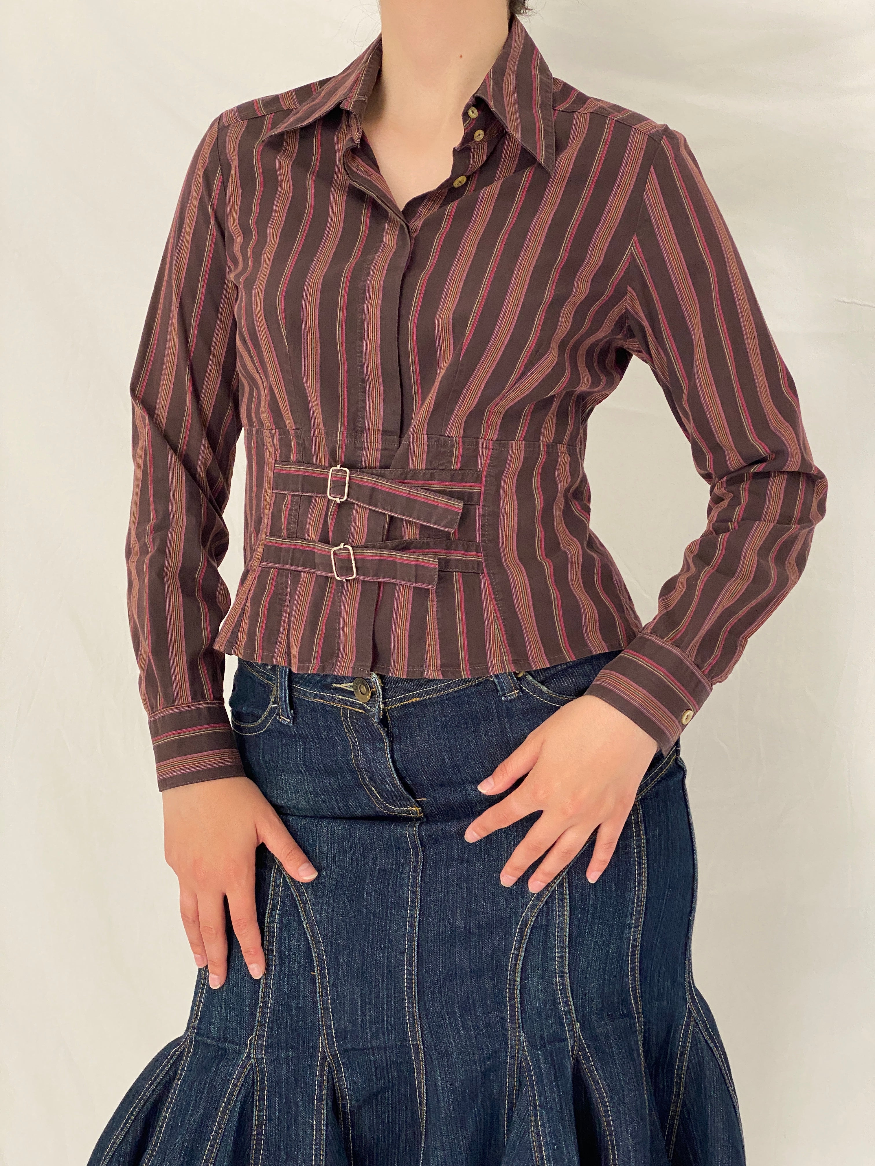 Vintage Y2K La Chemiserie dAVELINE Brown Stripe Buckle Waist Shirt - S