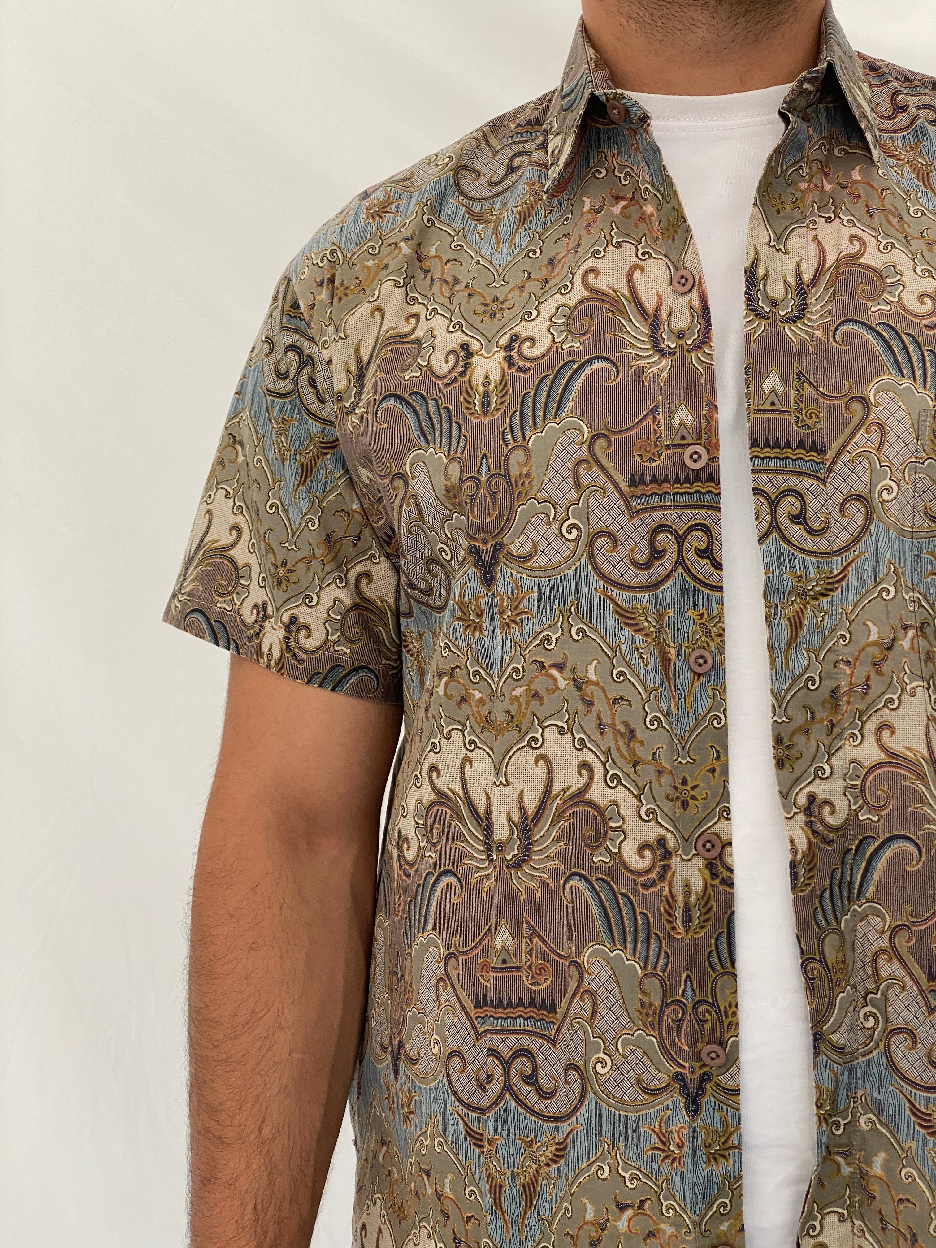Vintage 90s Baroque Paisley Print Short Sleeve Cotton Button-Up Shirt – XL