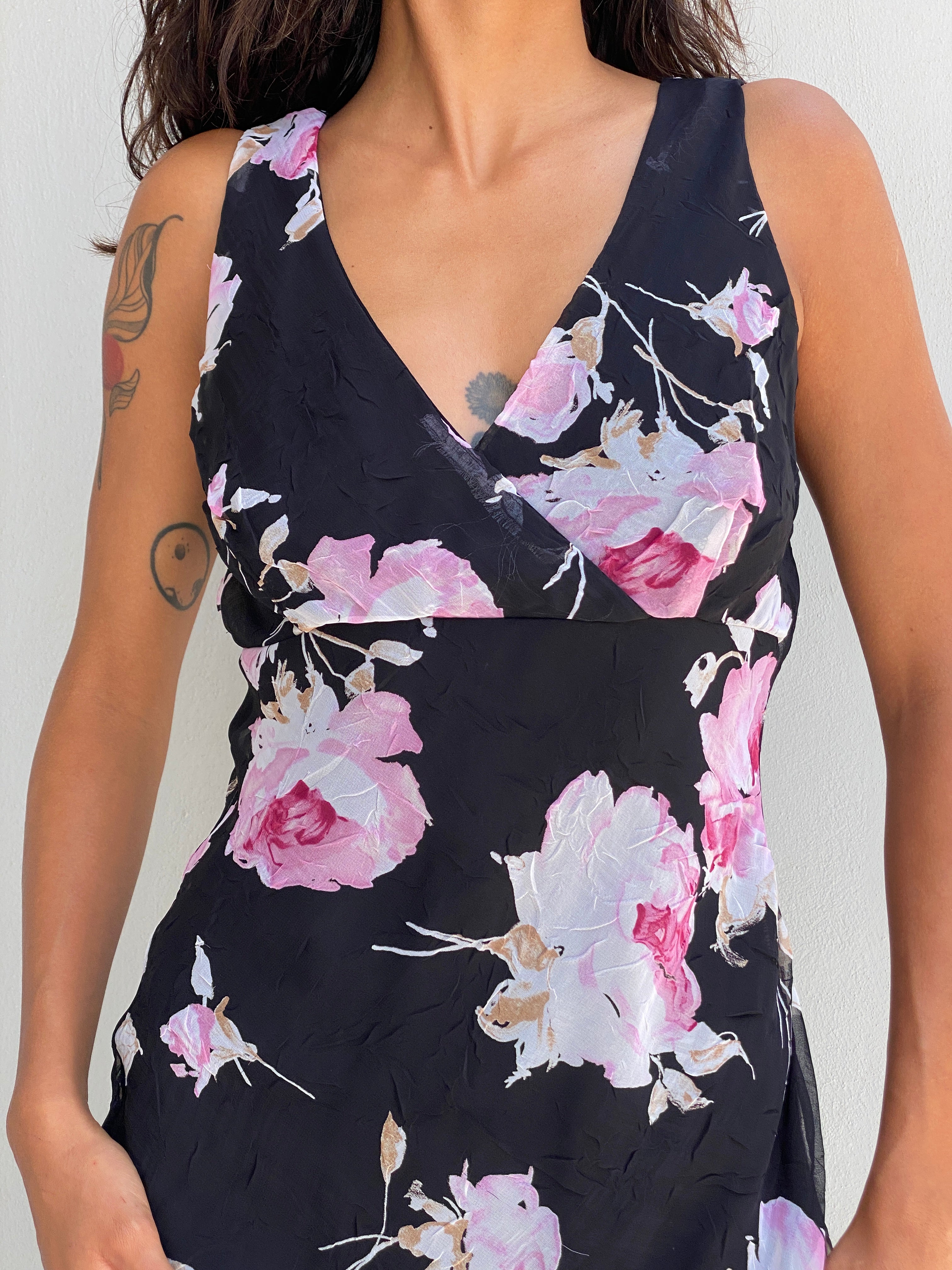 Vintage Alyn Paige Black Pink Floral Chiffon Sleeveless Midi Dress – S