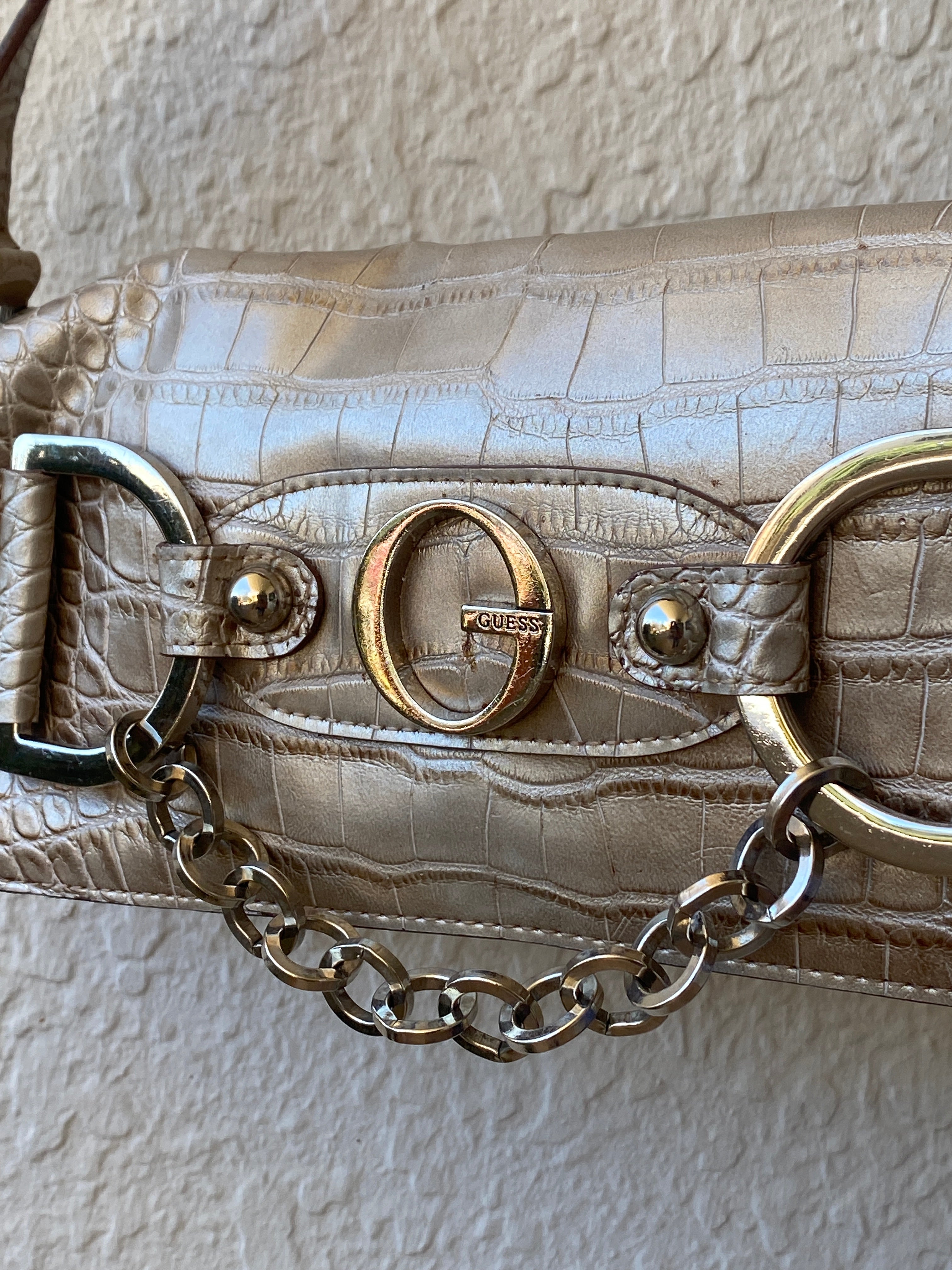 Y2K Guess Croc-Embossed Taupe Leather Shoulder Bag