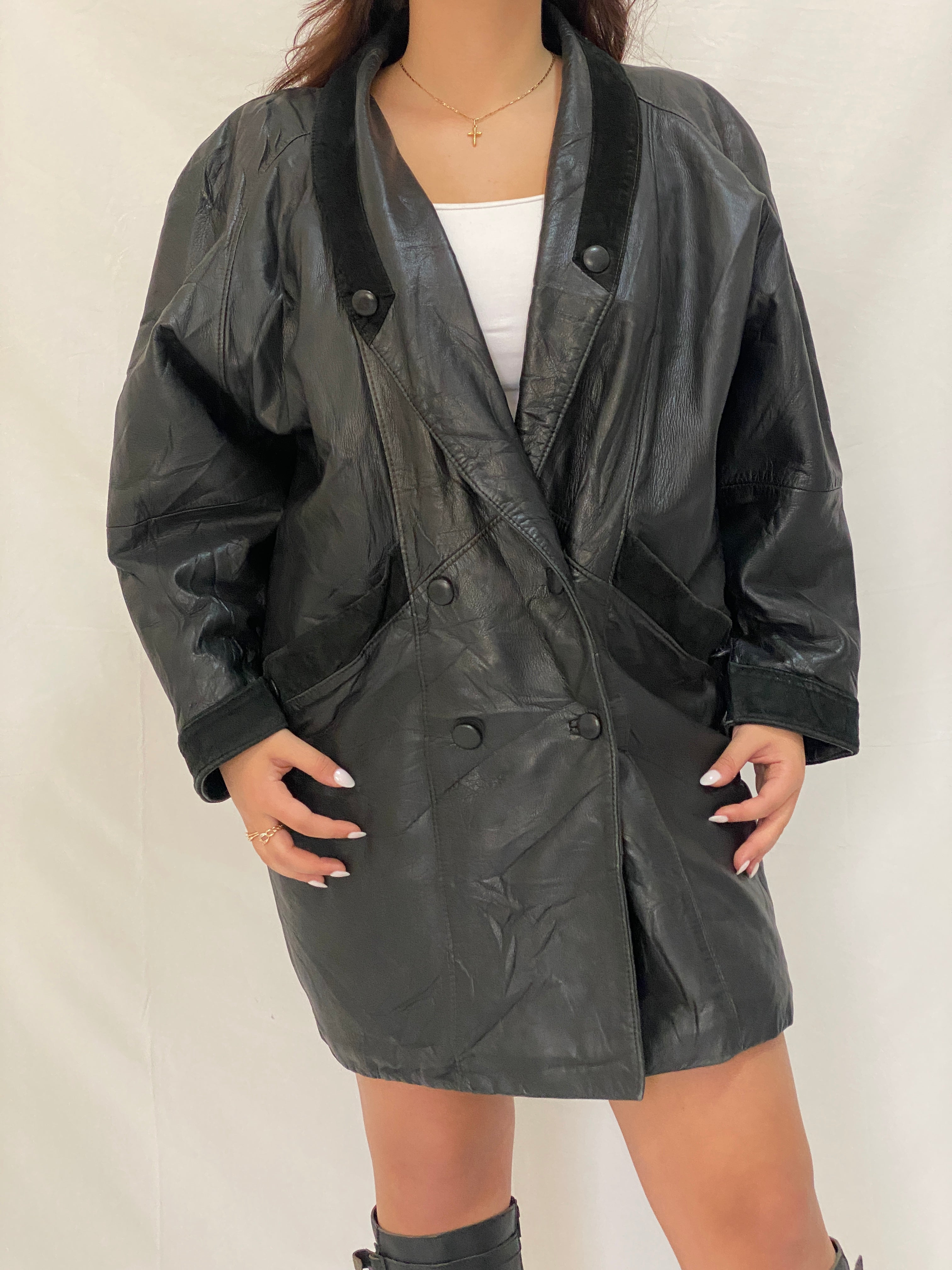 Vintage 80s Lekka’s Leatherwear Genuine Black Leather Oversized Coat - M