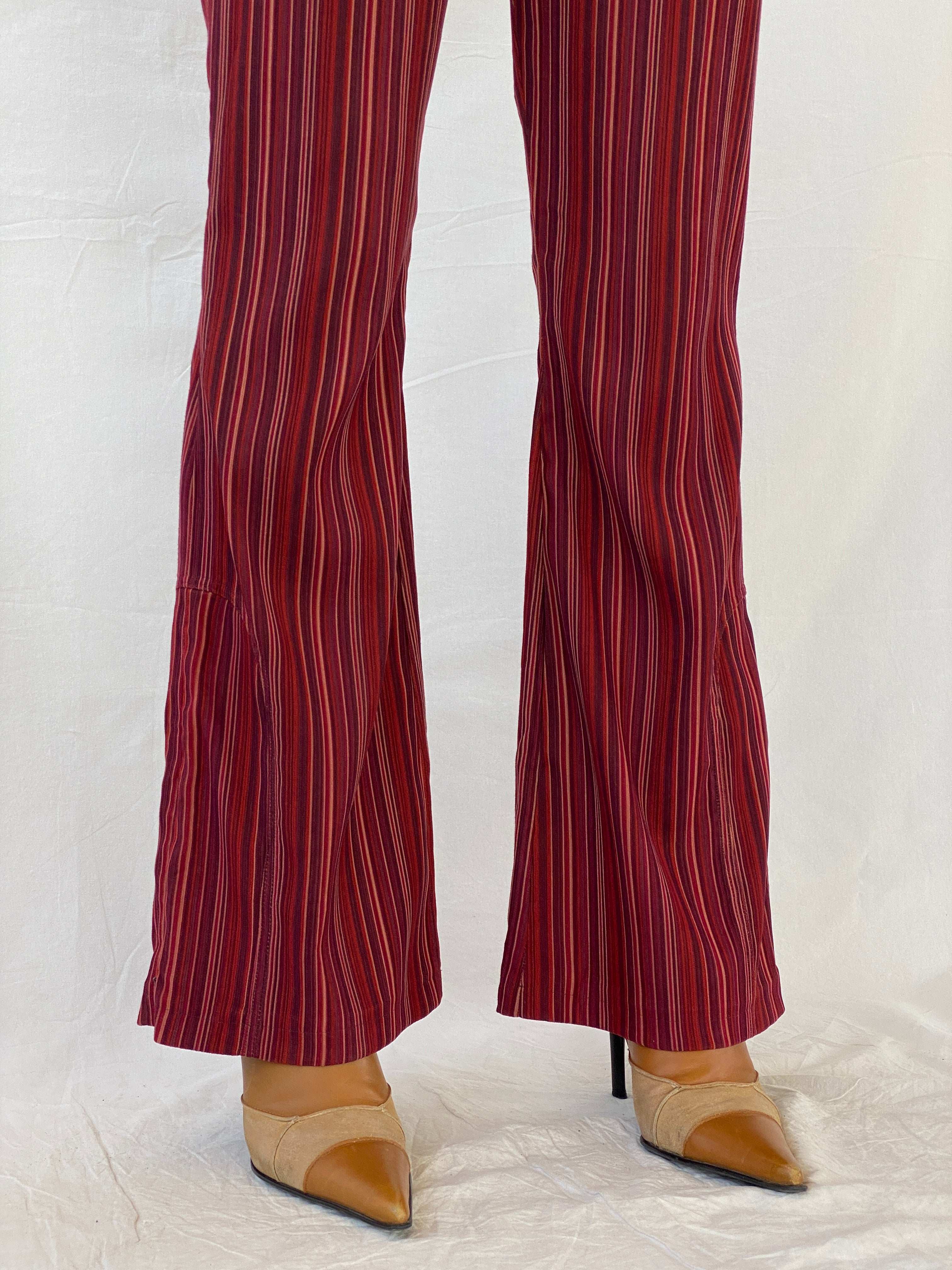 Y2K Striped Maroon Flared Leg High Waisted Pants - M