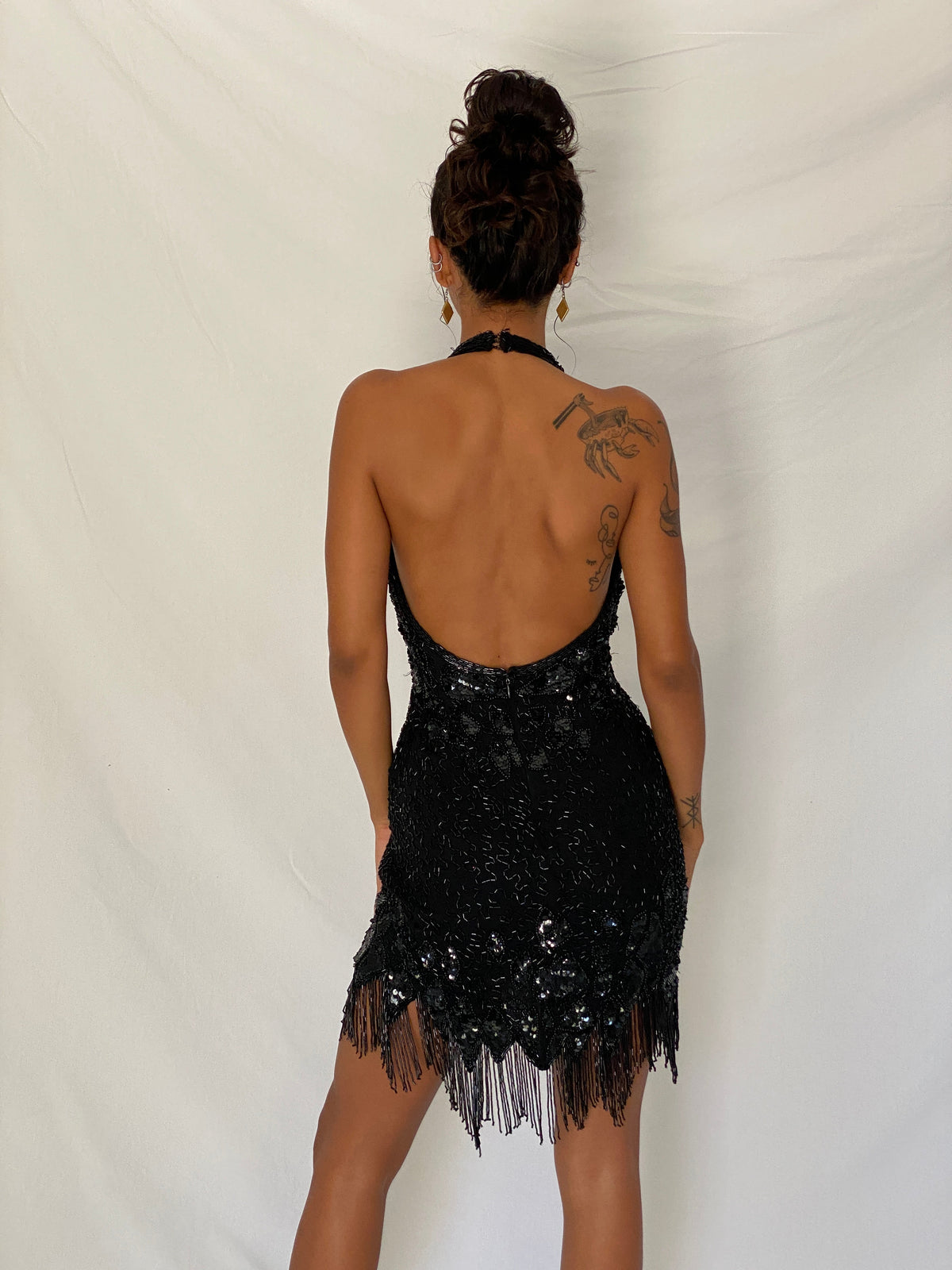 Vintage 90s Nite Line Black Silk Beaded Fringe Halter Mini Dress – XS