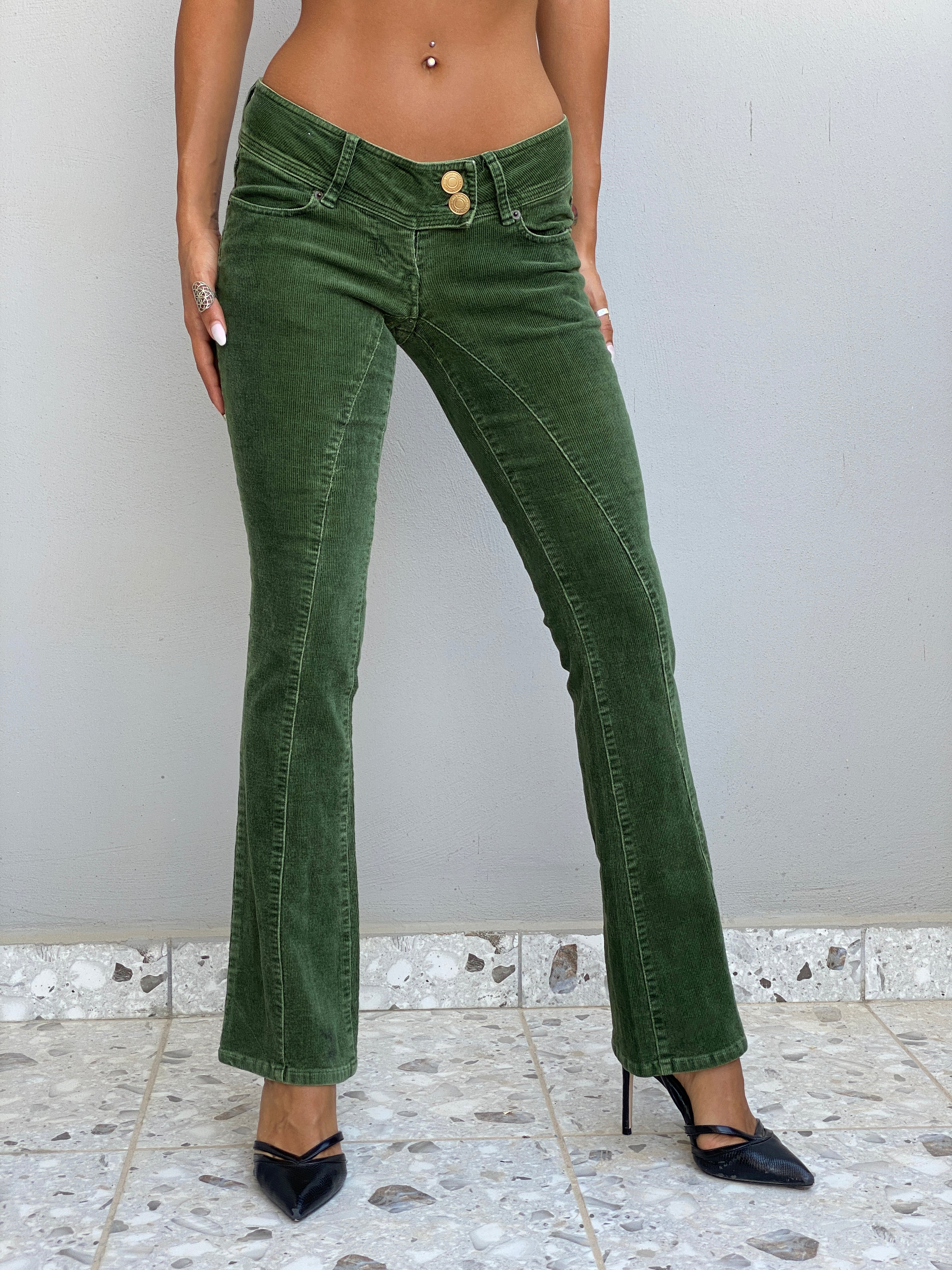 Vintage Y2K Wet Seal Forest Green Corduroy Low Rise Flare Pants - 34EUR