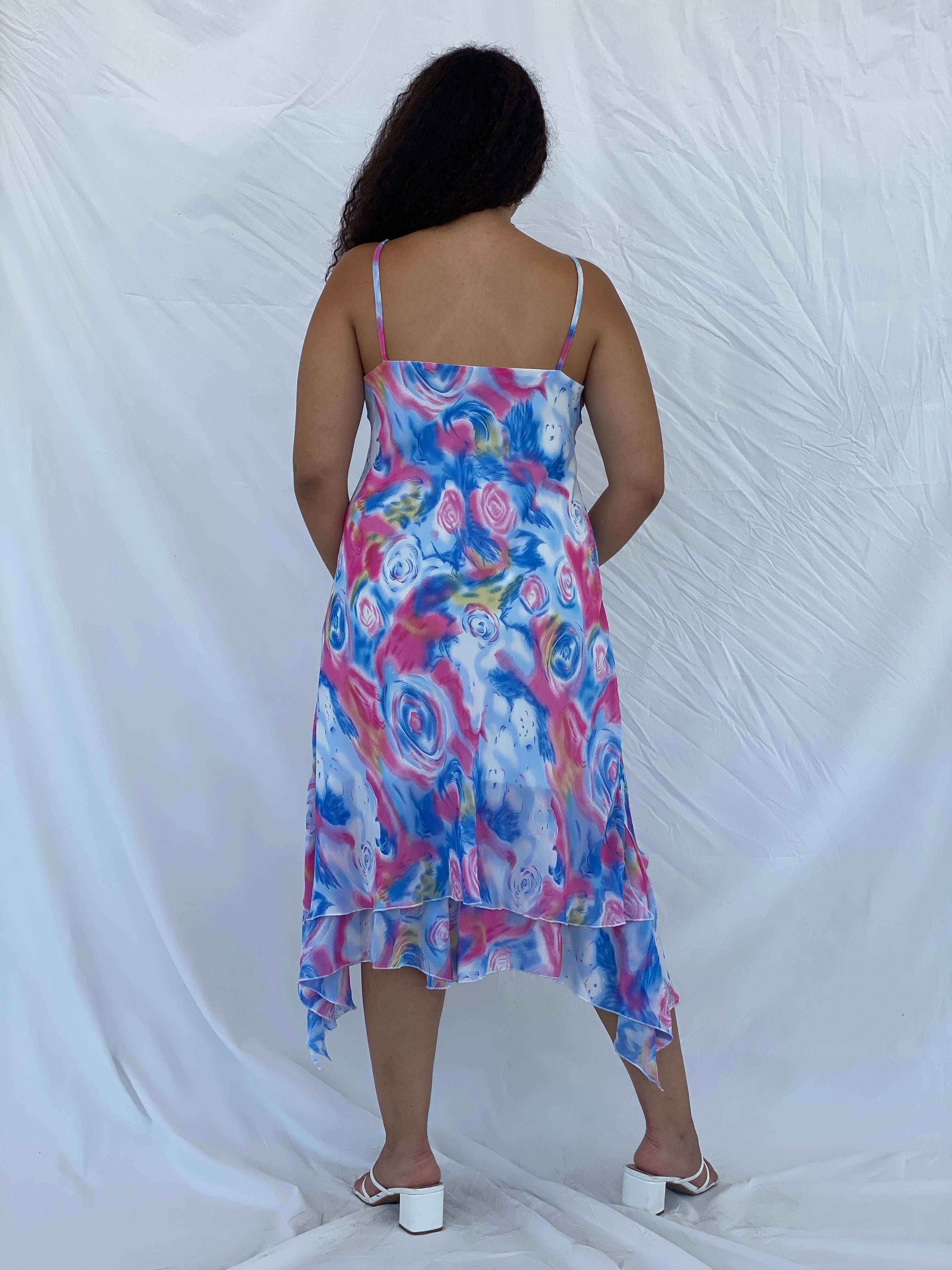 Vintage TYC Blue and Pink Floral Spaghetti Strap Midi Dress - XL - Balagan Vintage Midi Dress 00s, 90s, 90s dress, Dina, floral dress, midi dress, NEW IN, Wedding Guest