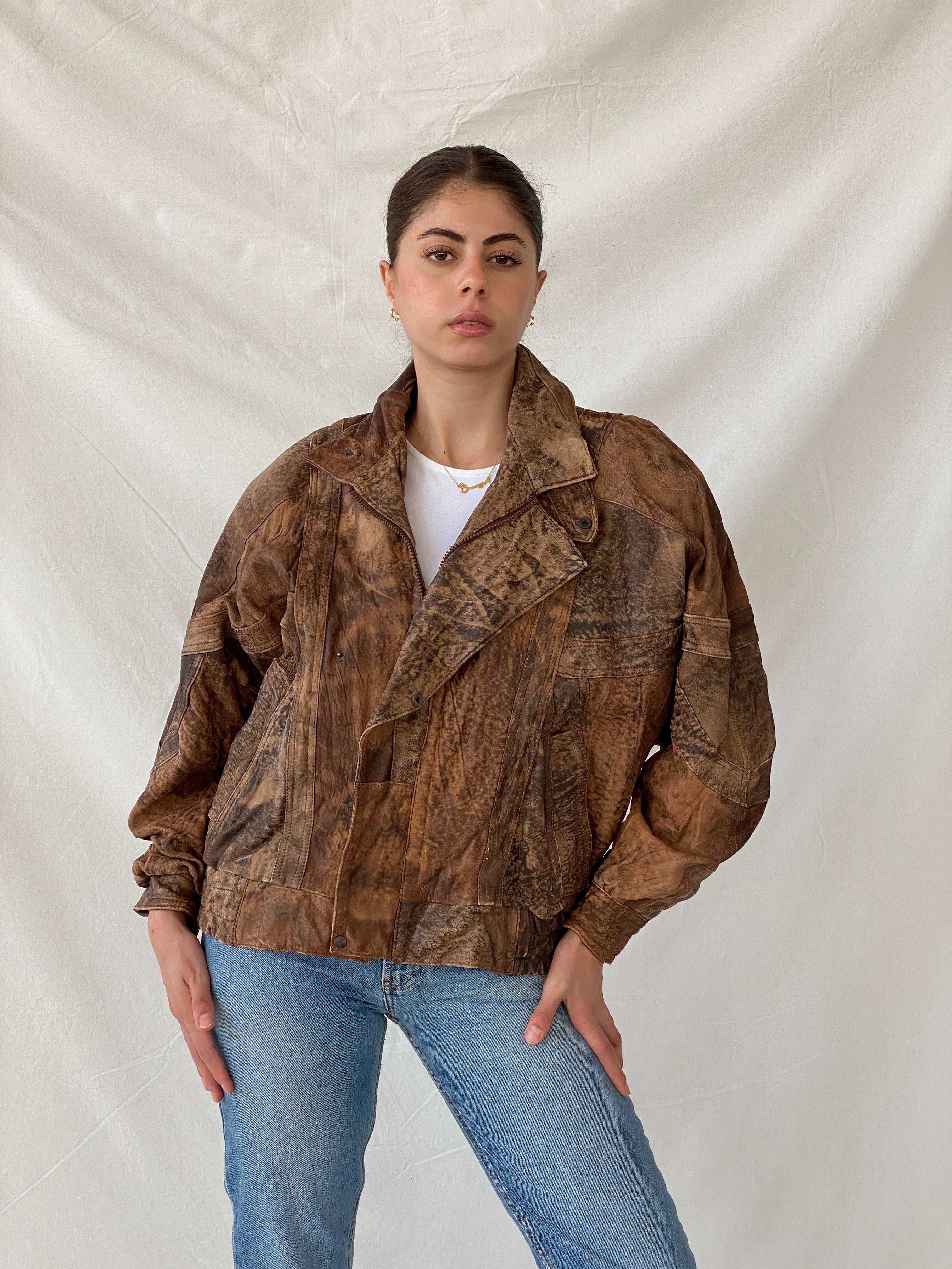 Statement Vintage 90s Distressed Brown Bomber Leather Jacket - L