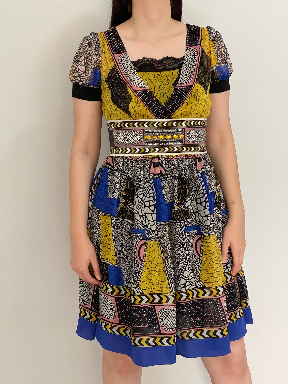 Y2K Whimsical Vini Kawen Mustard Geometric Embellished Dress – M