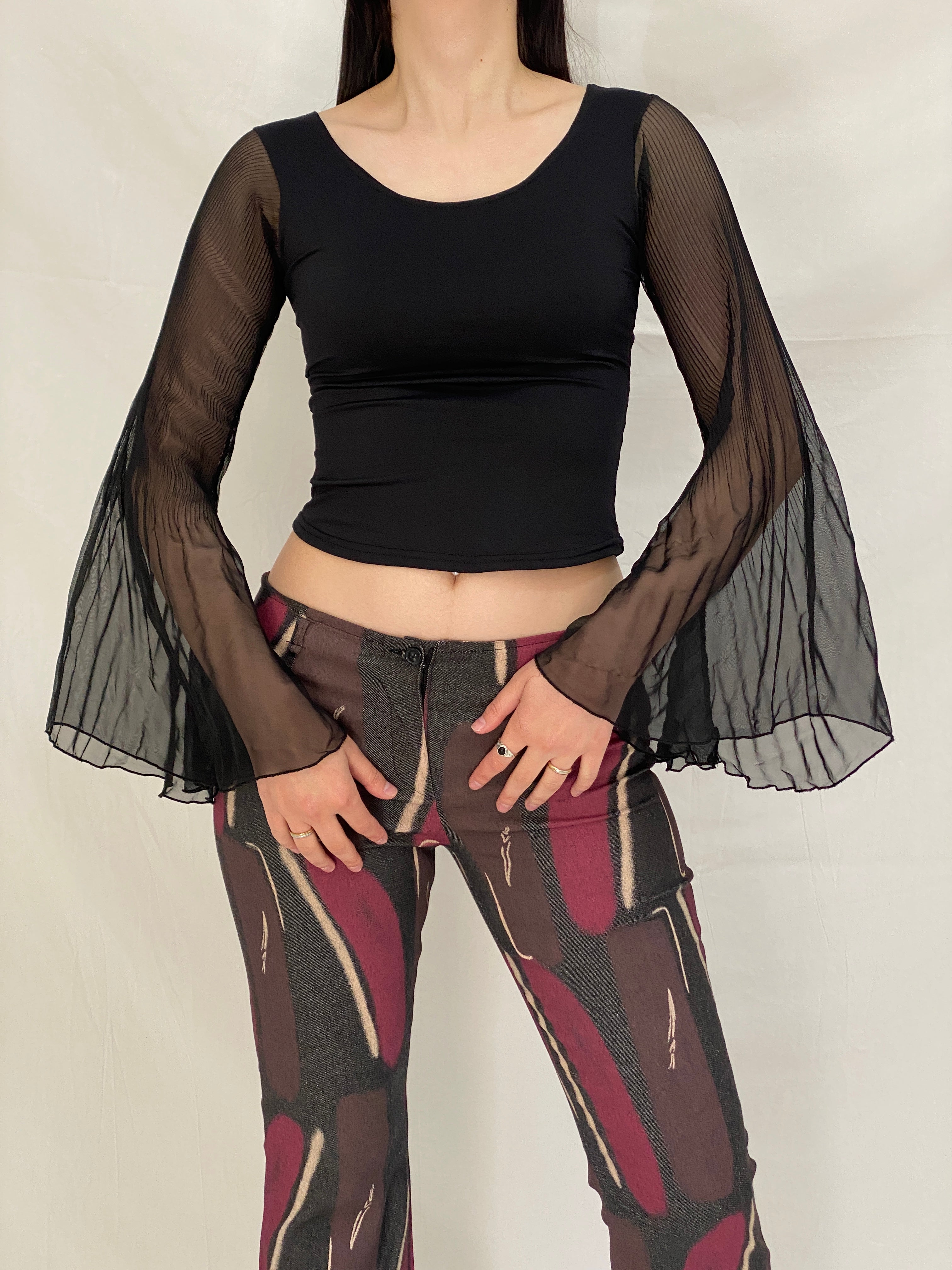Vintage Y2K Xanaka Black Sheer Bell Long Sleeve Whimsy Goth Top – S
