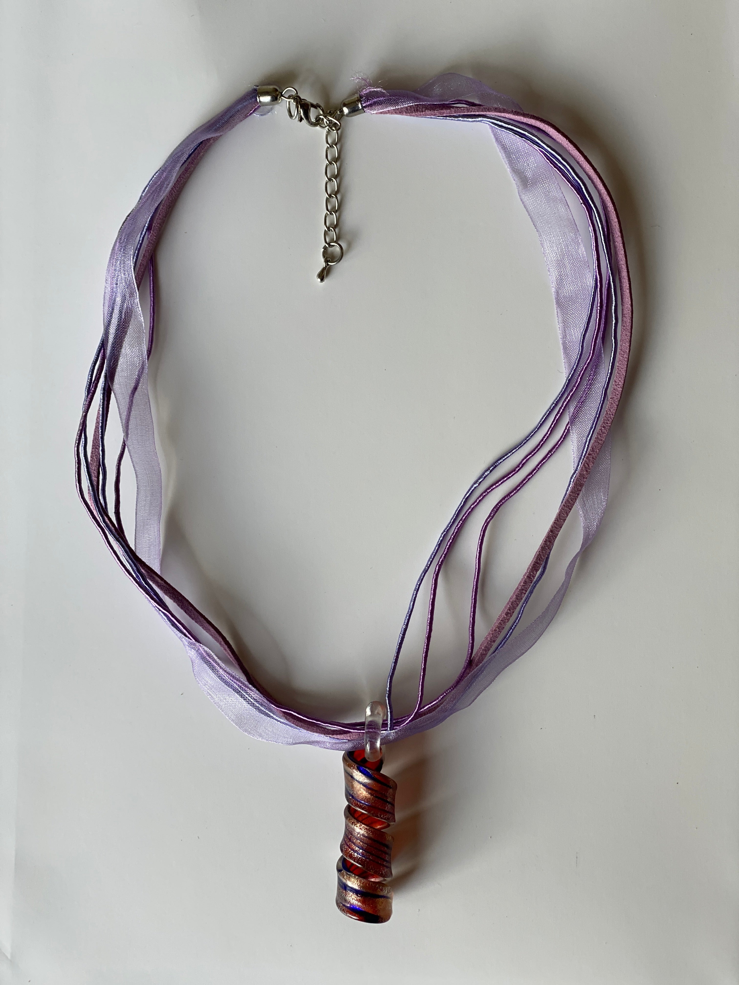 Vintage 1990s Purple Ribbon Art Glass Pendant Necklace