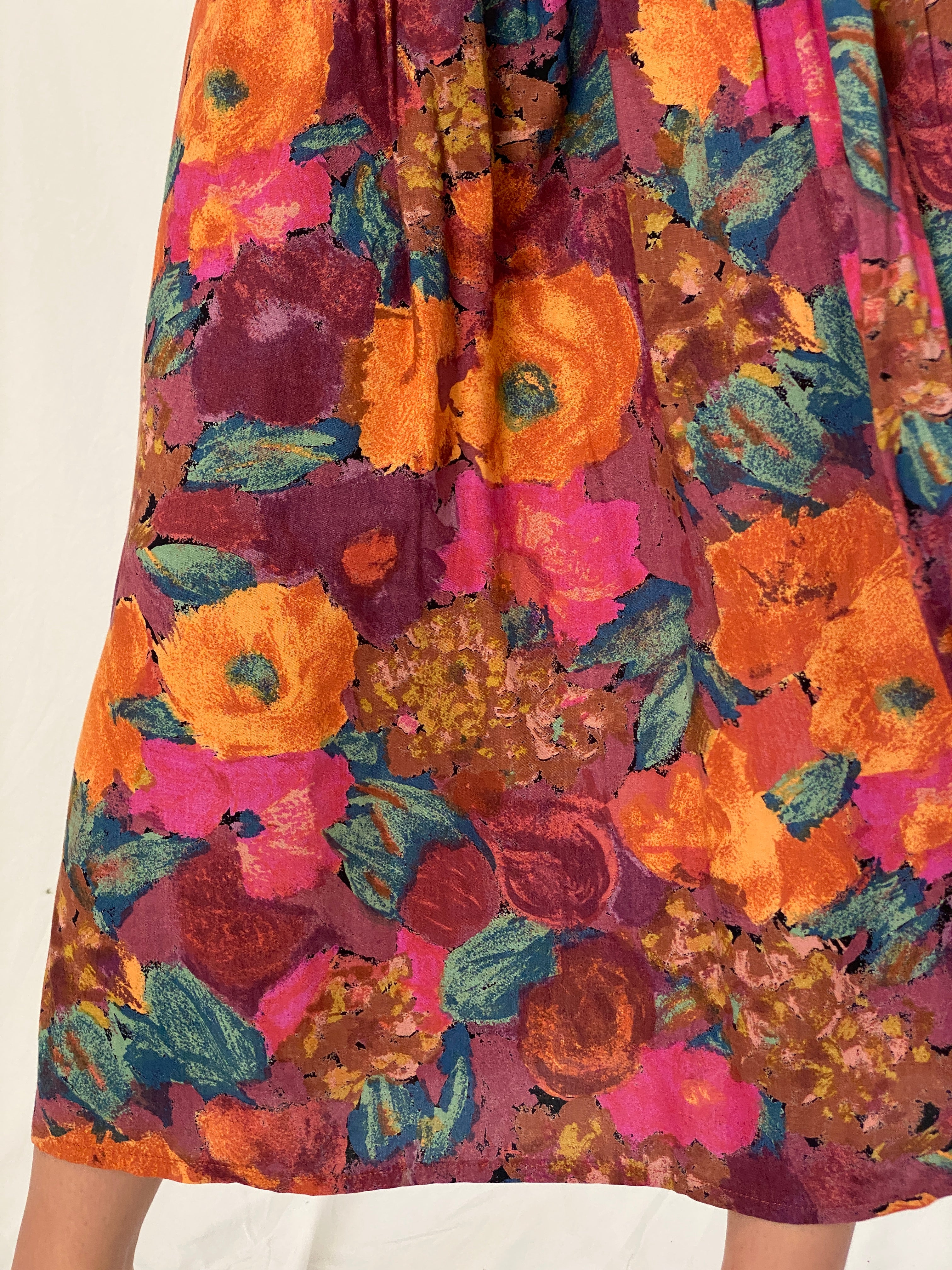 Vintage 90s George Floral Orange Multicolor Pleated Midi Skirt – L