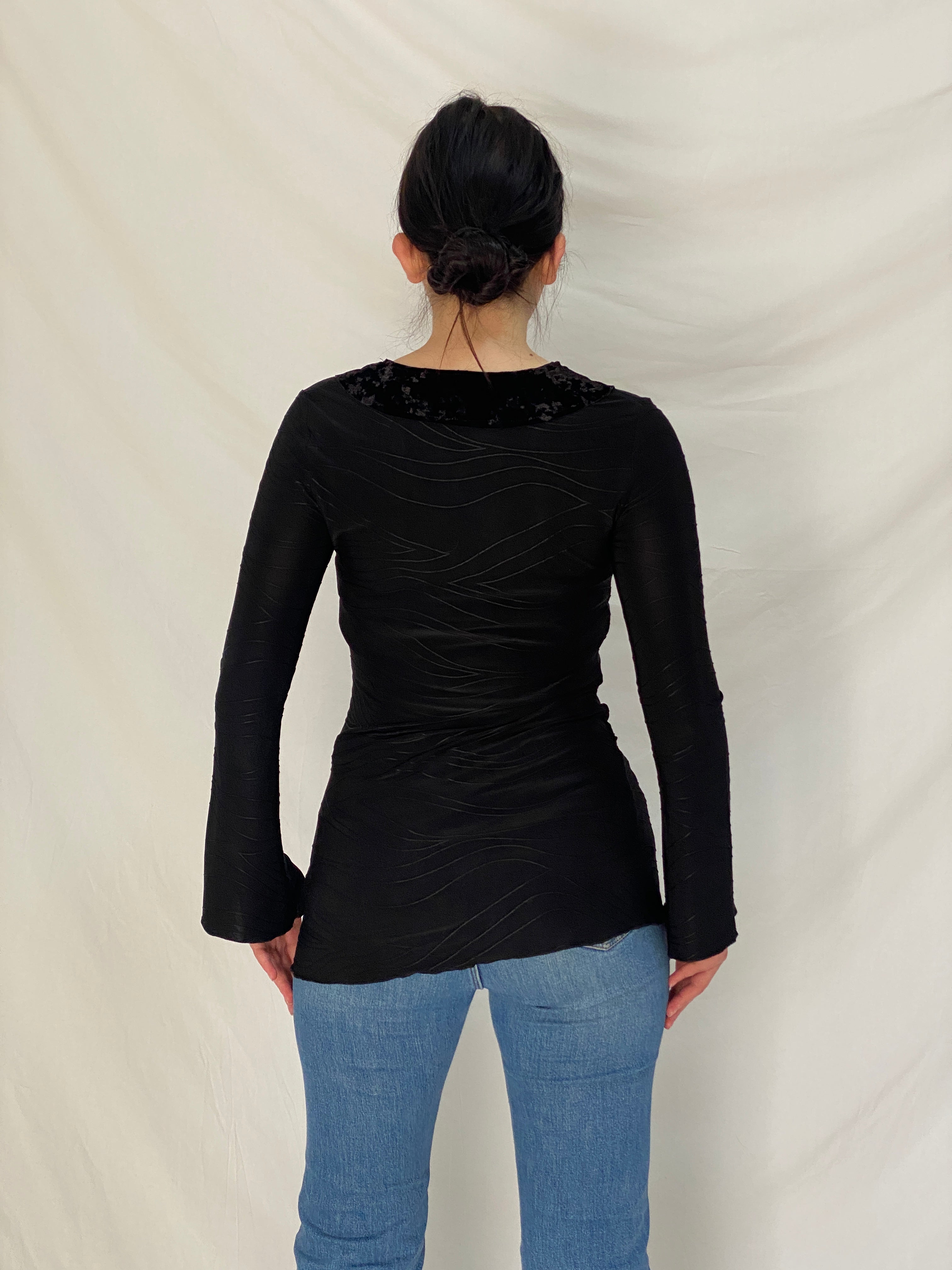 Vintage Dantela Essentials Black Velvet Collar Grunge Top – S