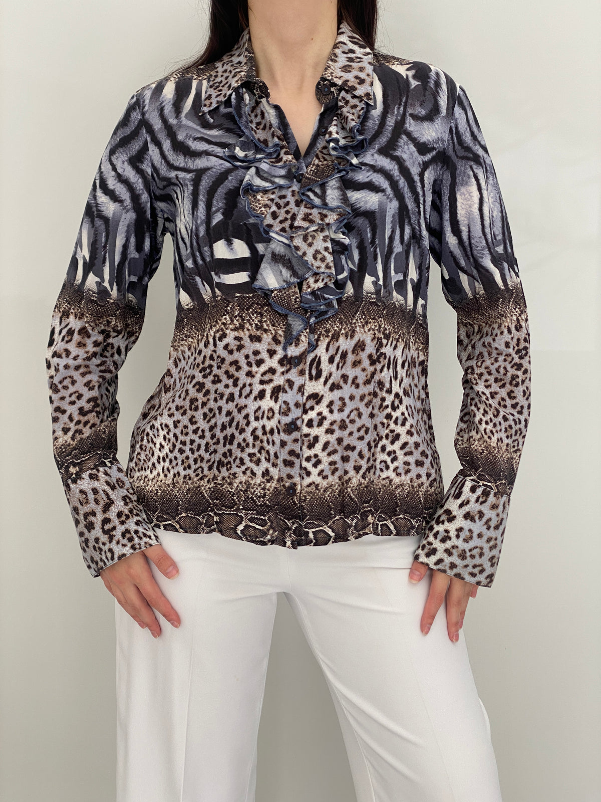 Y2K BiBA Grey & Brown Mixed Animal Print Shirt Ruffle Blouse – M