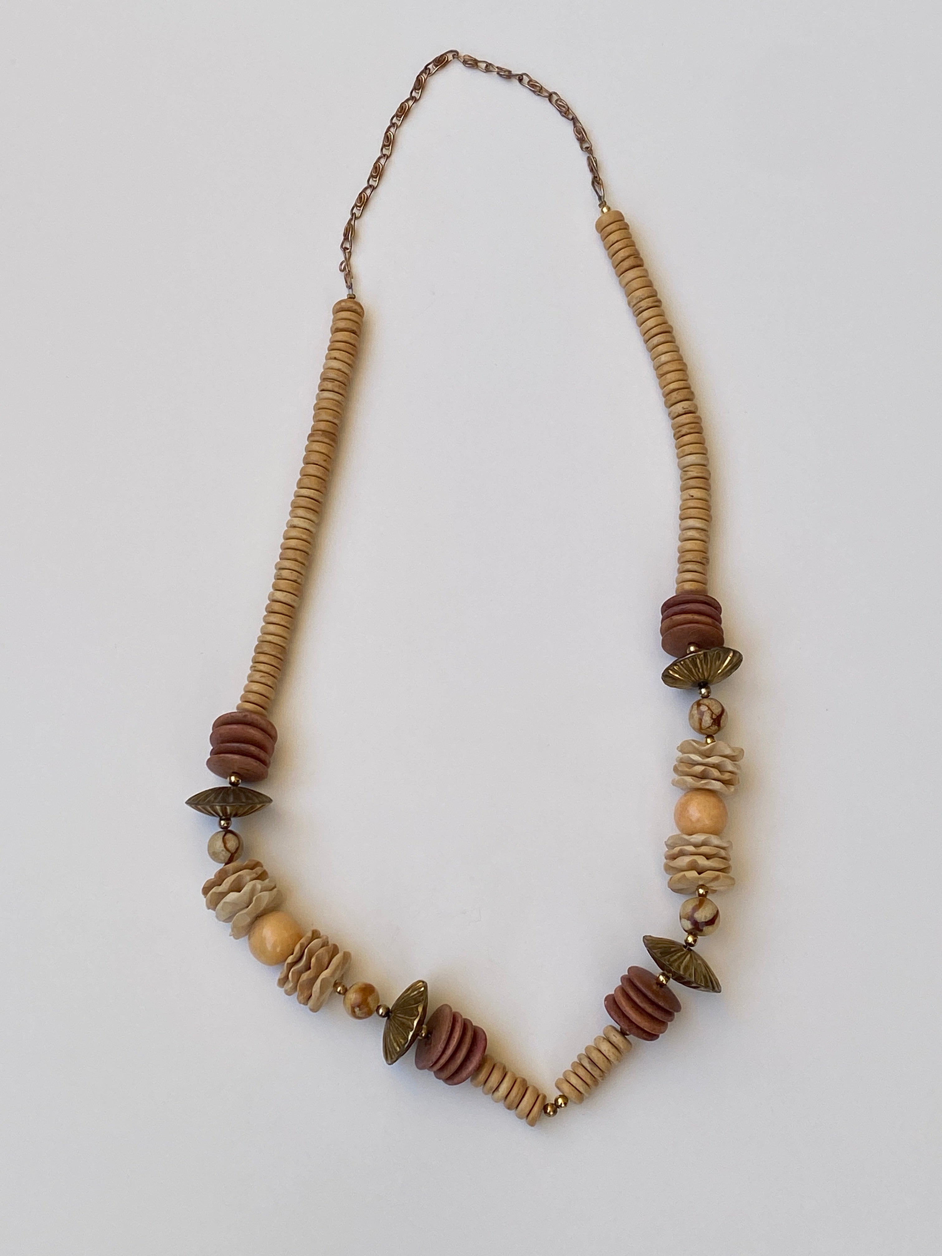 Vintage Earth Tone Beaded Statement Necklace Boho Wooden & Stone Inspired Collar Necklace