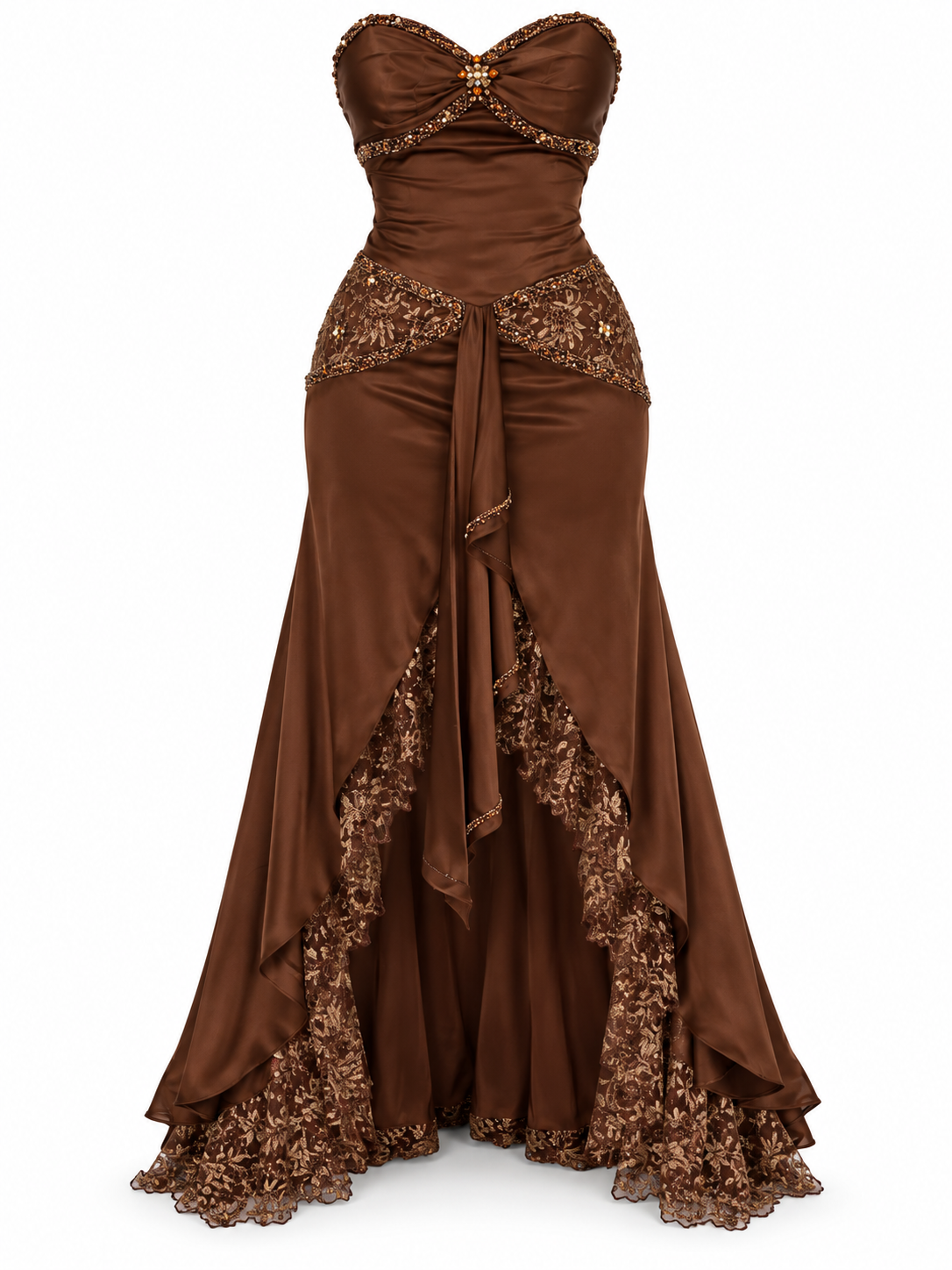 Vintage Party Time Brown Beaded Lace Strapless Formal Gown – M