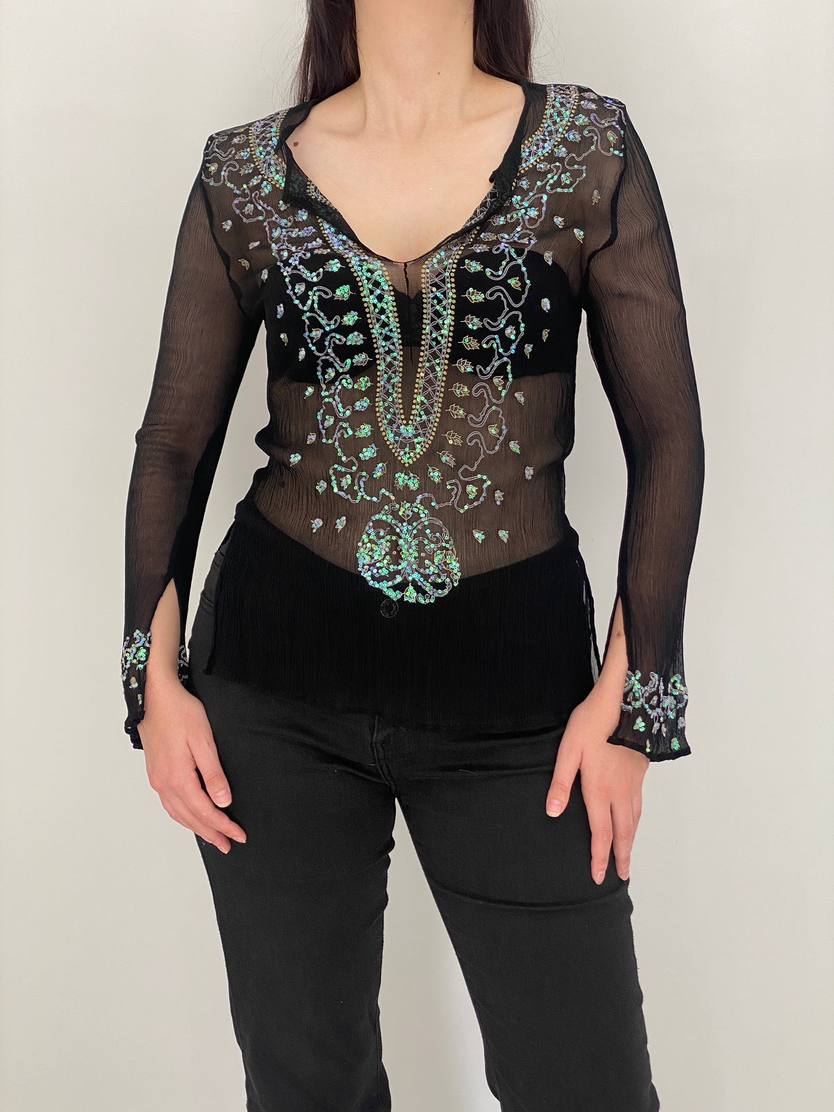 Vintage Venus Black Silk Sheer Sequin Embroidered Blouse – S