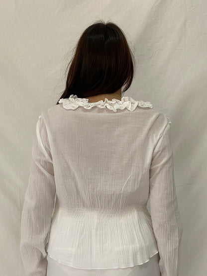 Vintage Y2K White Ruffled Sheer Cardigan Tie Front Romantic Fairy Grunge Blouse - L