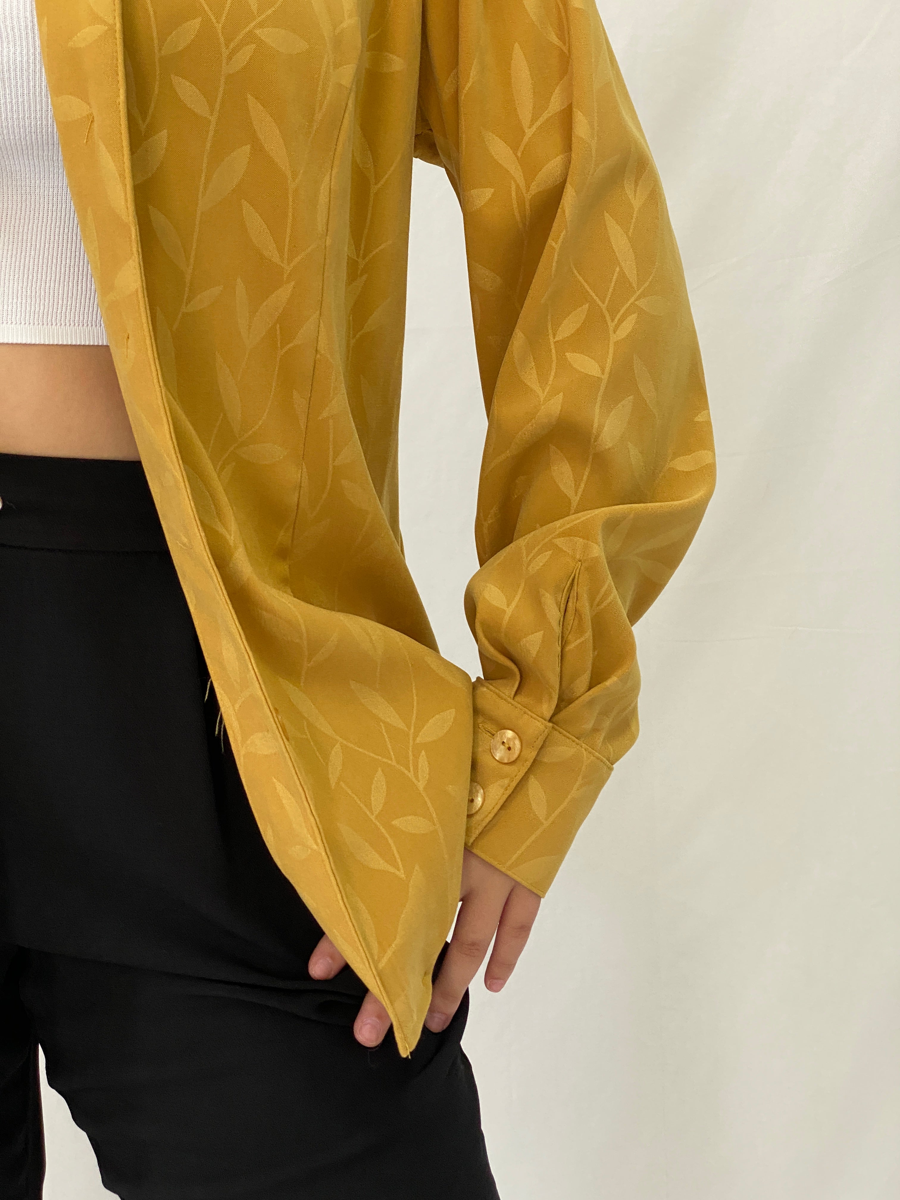 Vintage Vunic Mustard Yellow Leaf Print Blouse Long Sleeve Button Up Golden Hour Style Shirt - XL