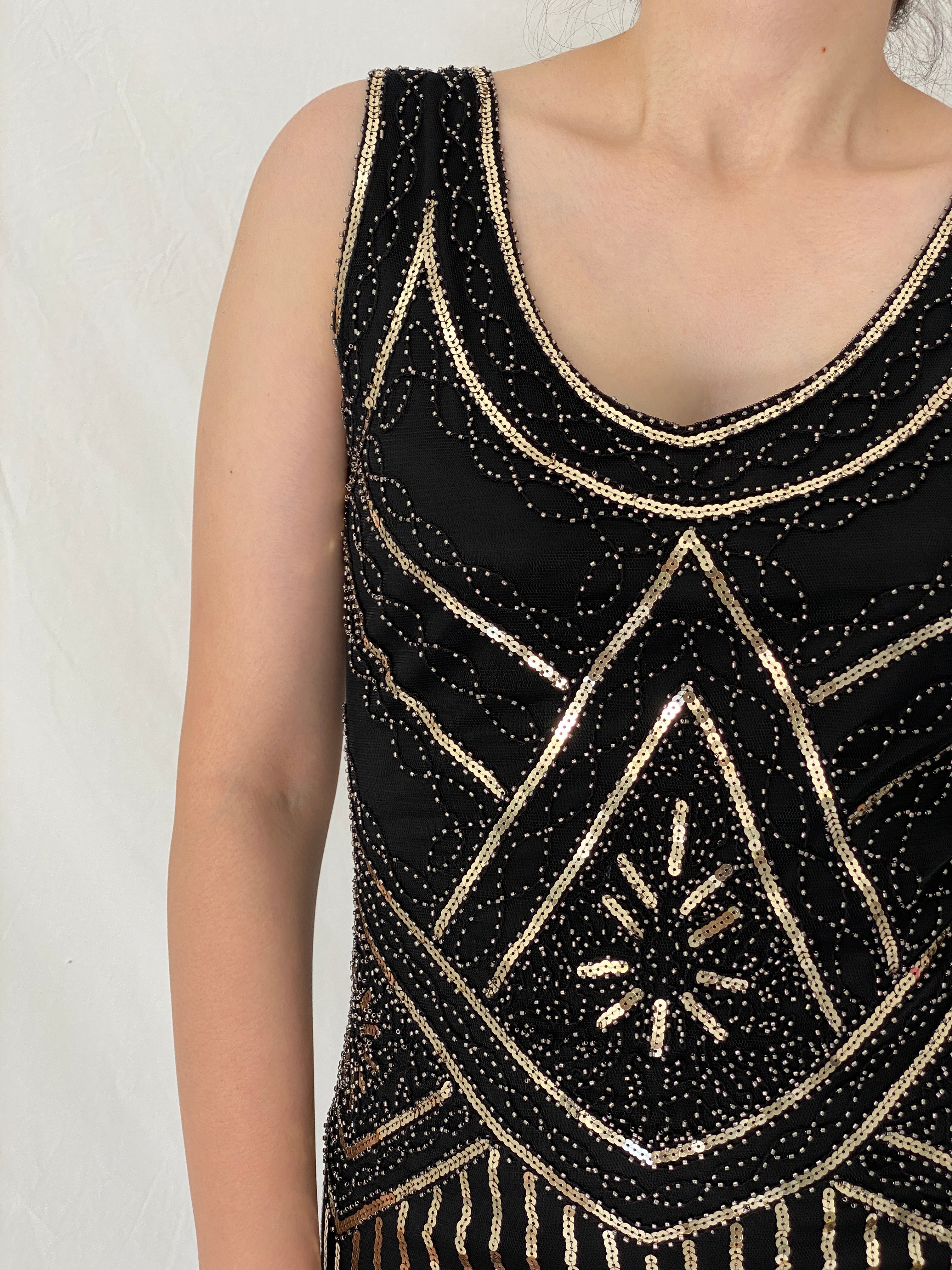 Vintage Art Deco Gatsby Black & Gold Sequin Fringe Cocktail Dress –  S