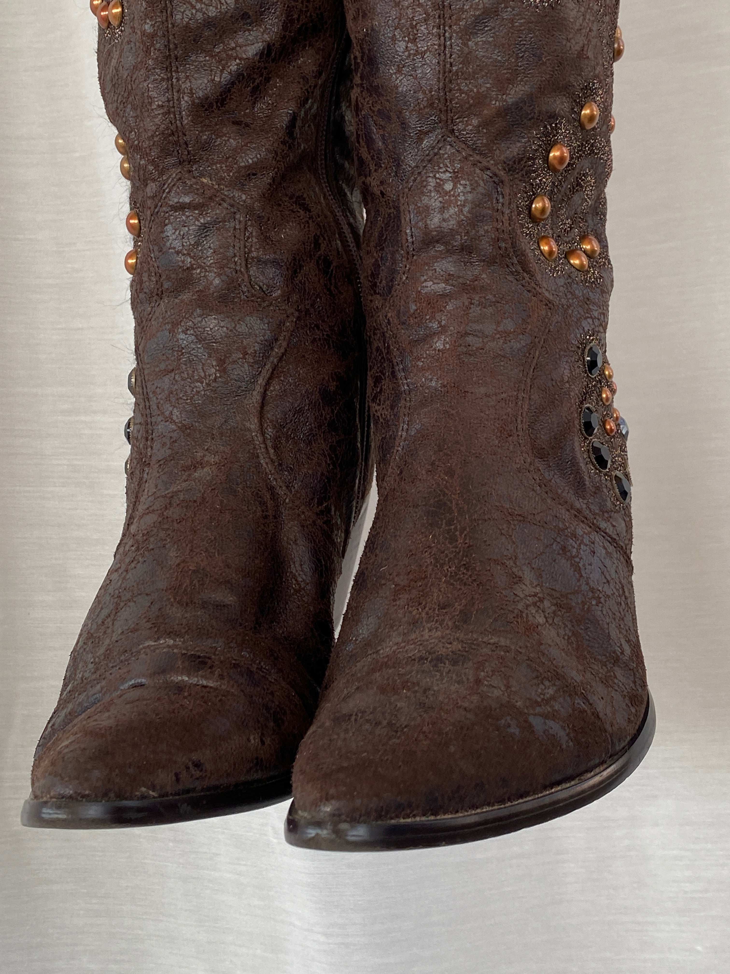 Y2K Two Tips Brown Studded Cowboy Western Boots - 38.5