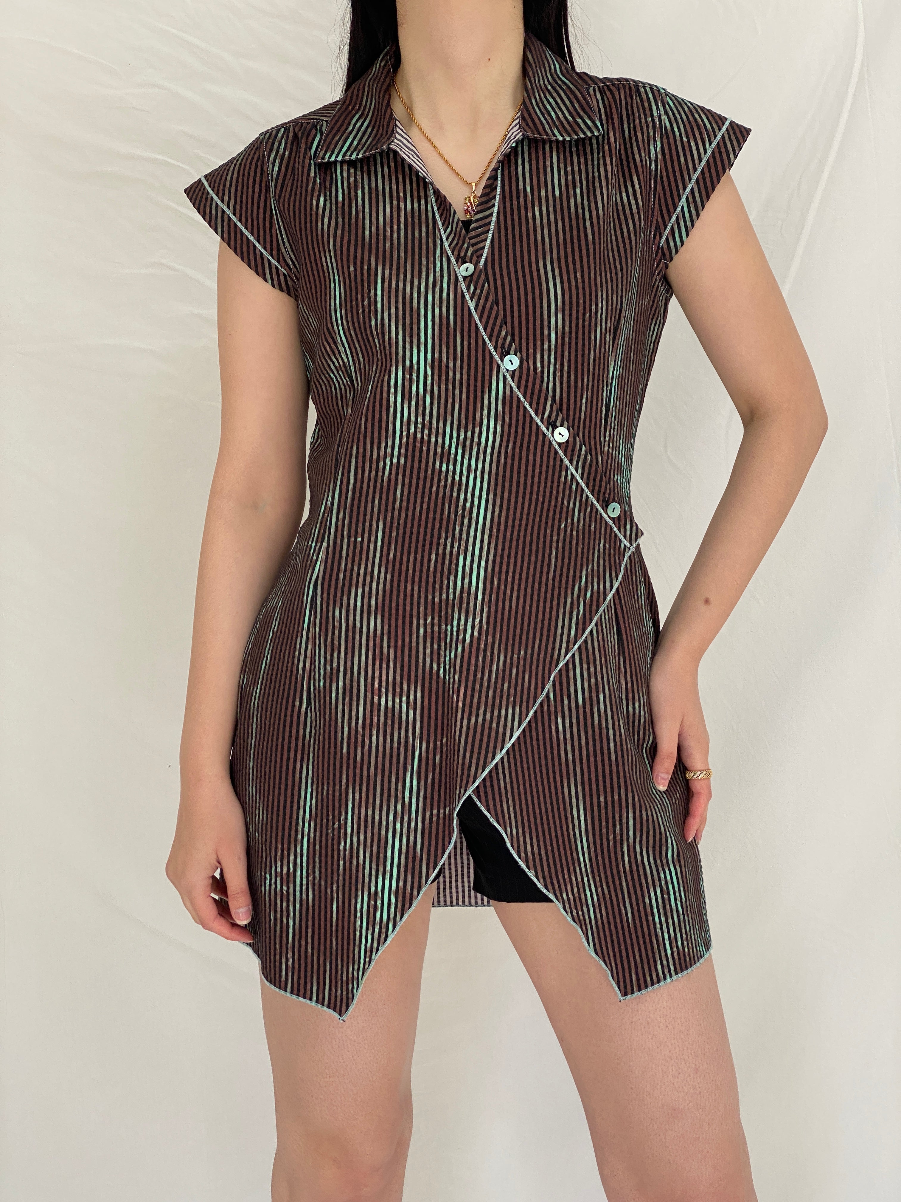 Vintage Y2K Quattro Asymmetrical Striped Wrap Cotton Blend Top with Contrast Stitching - S