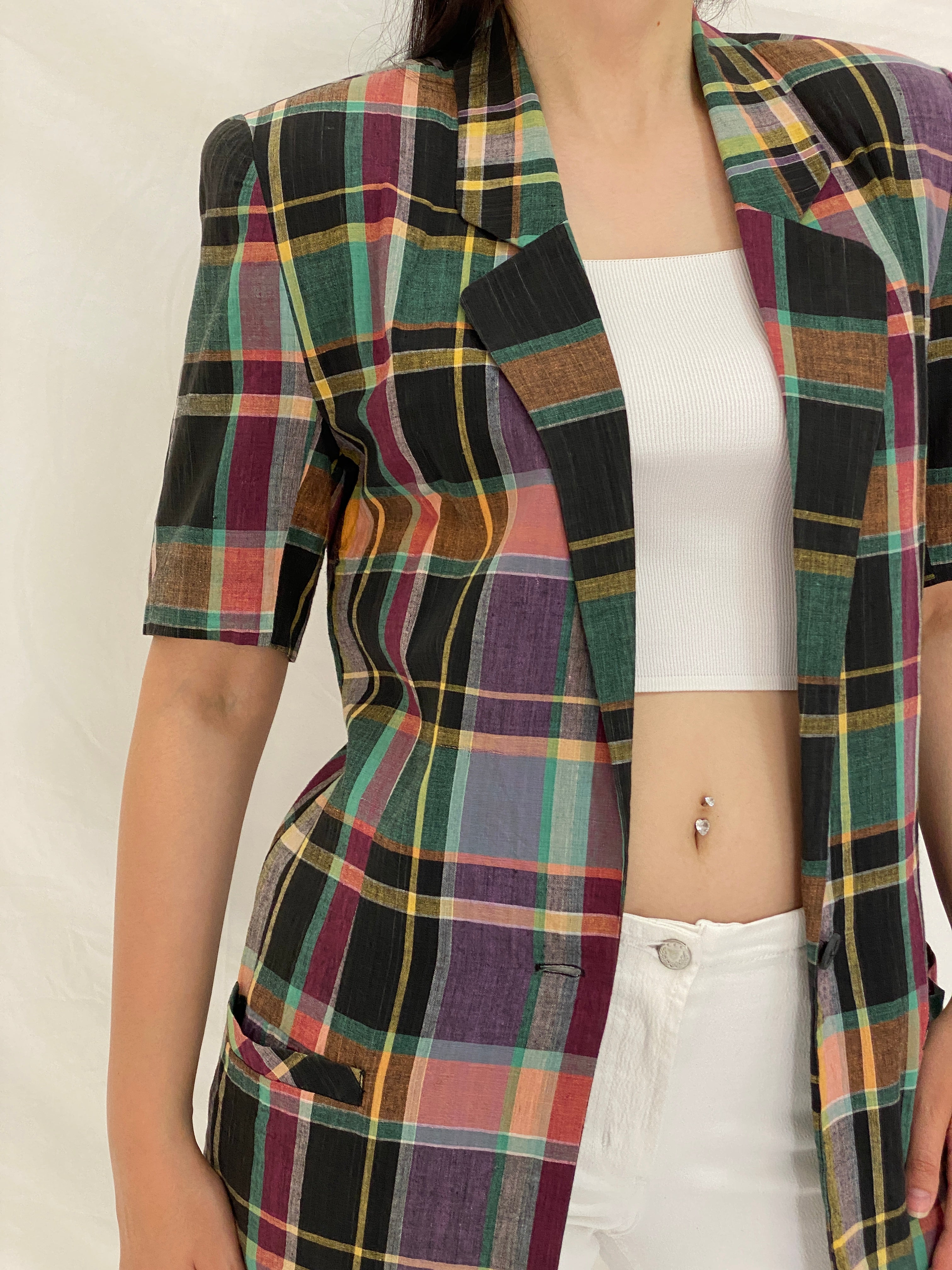 Vintage 90s Liz Claiborne Multicolor Plaid Cotton Short Sleeve Blazer - S