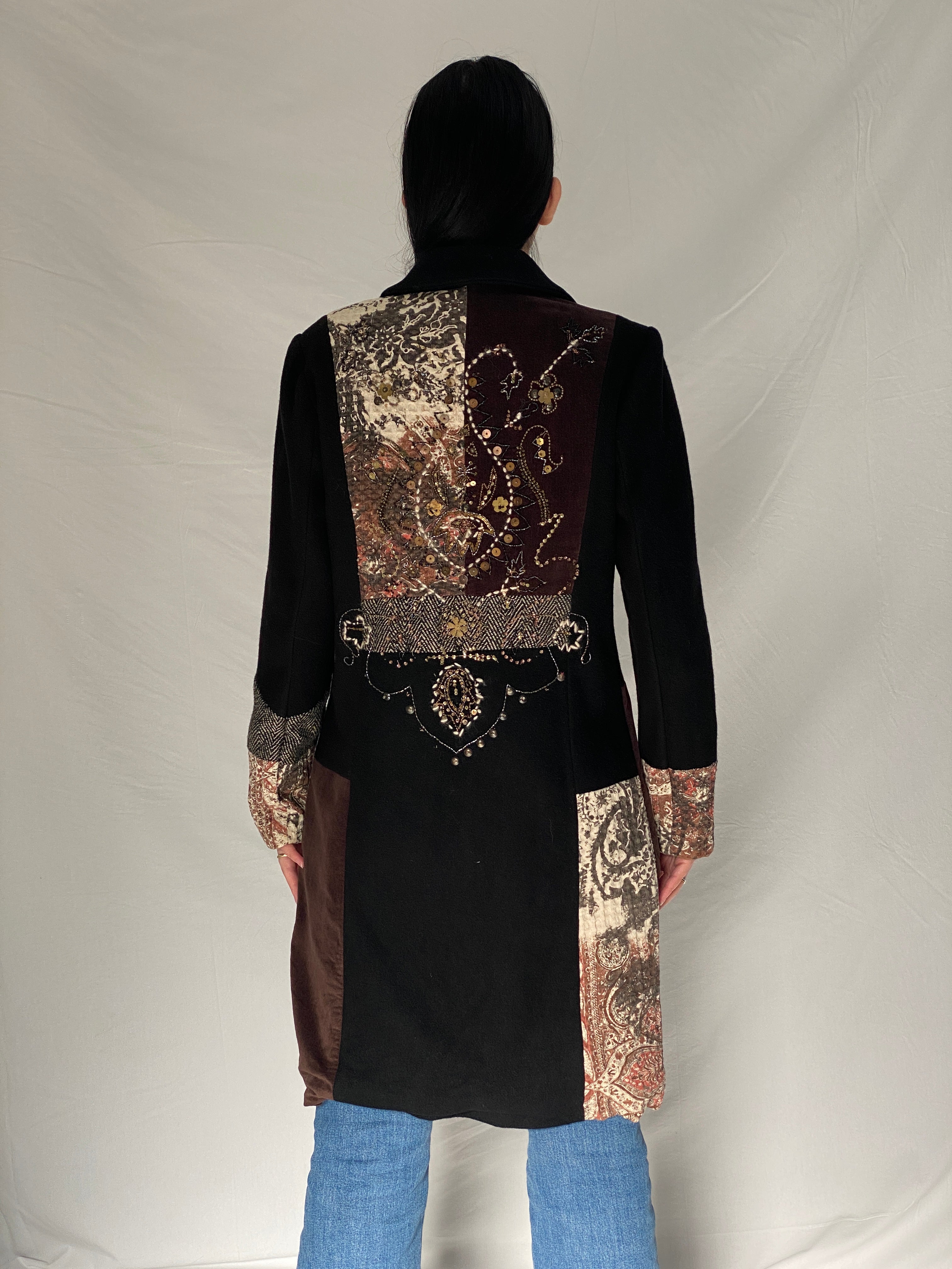 Vintage Derhy Patchwork Coat Bohemian Embroidered Artistic Long Coat 90s 00s Statement Jacket - M