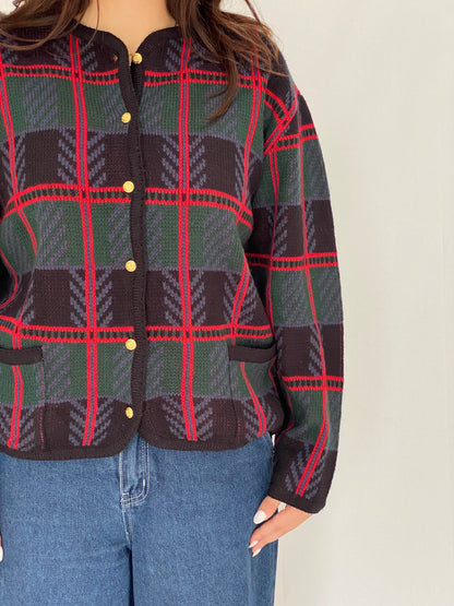 Vintage Crystal-Kobe 90s Plaid Knit Cardigan Black Green Red Gold Buttons - M