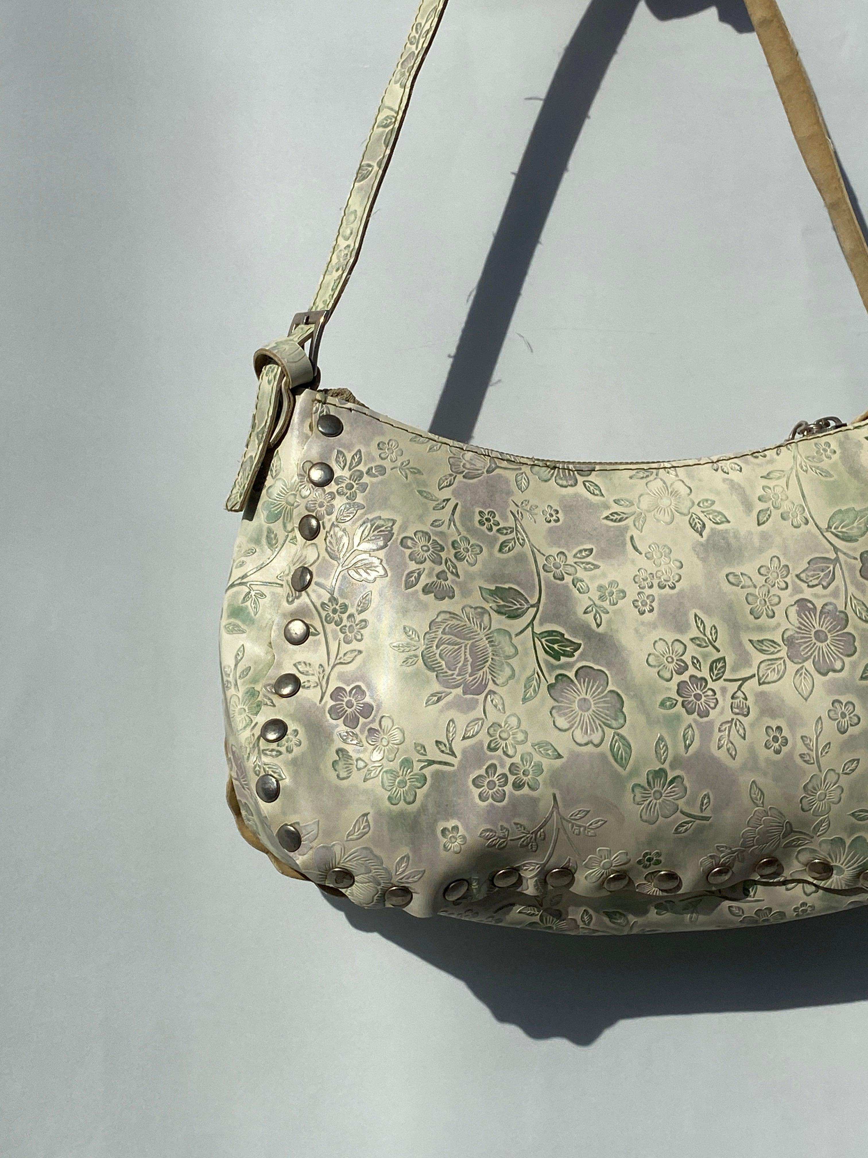 Vintage Floral Print On Genuine Leather Shoulder Bag
