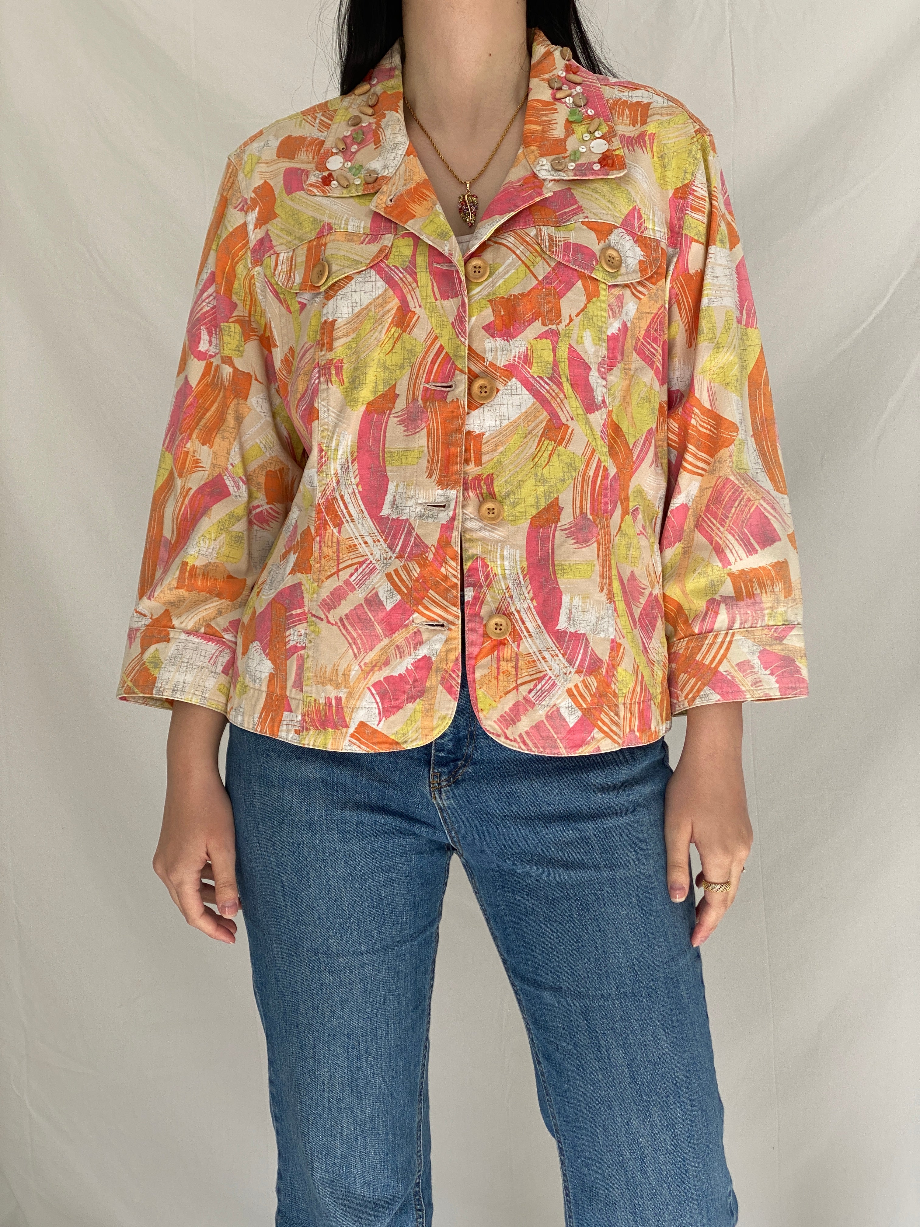 Vintage Ruby Rd Abstract Print Embellished Denim Jacket - L