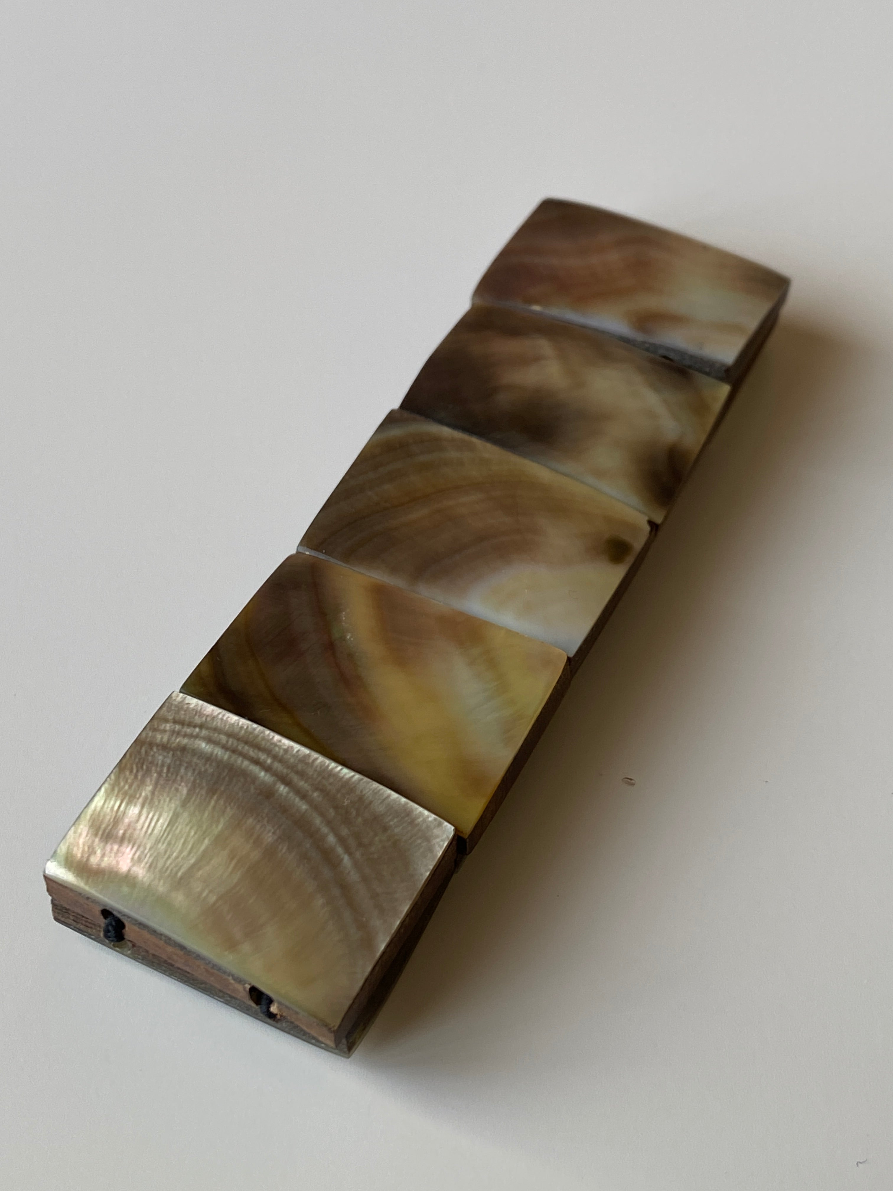 Vintage Mother of Pearl & Wood Elastic Bracelet Chunky Shell Panel Brown Bracelet