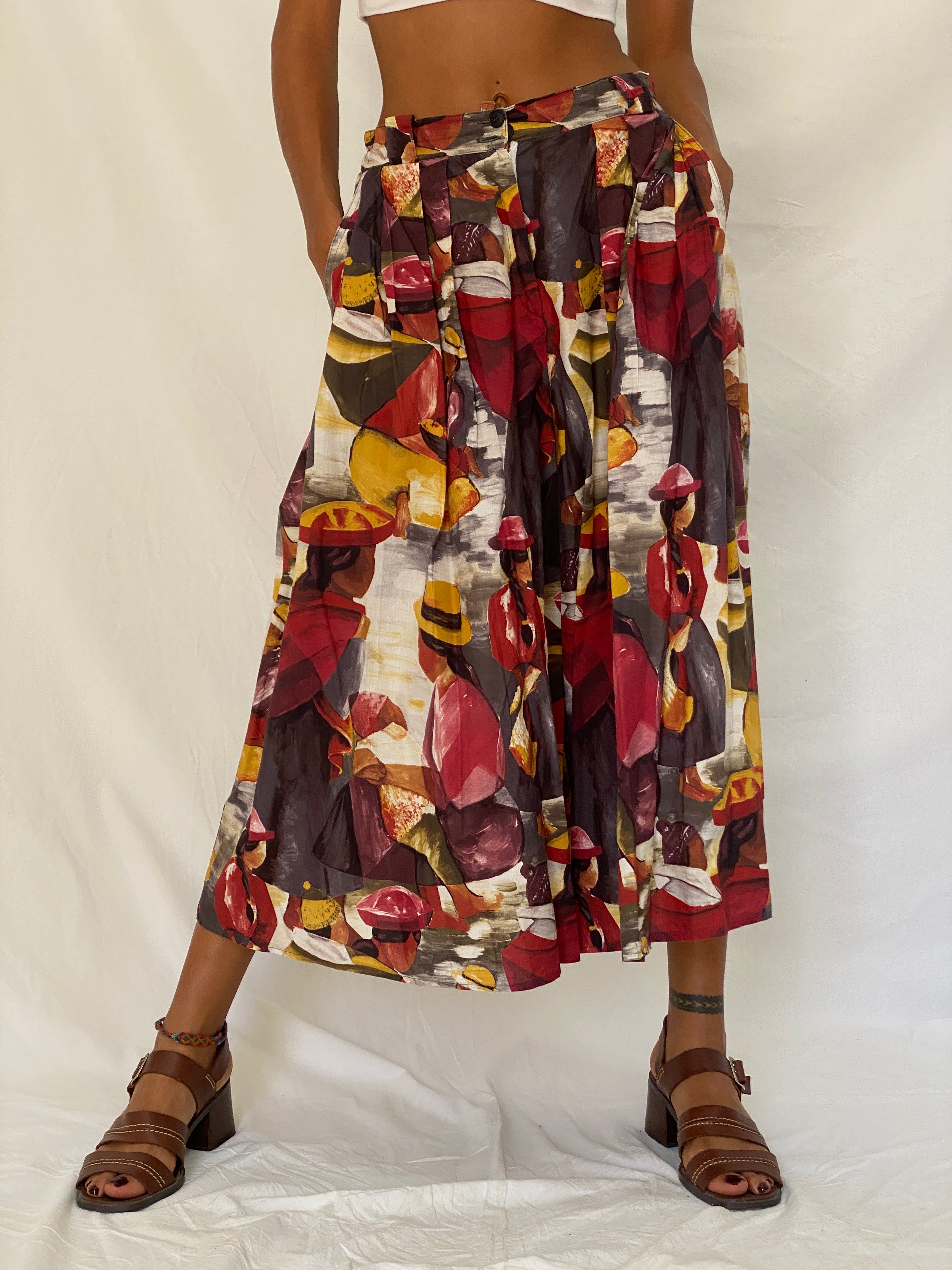Vintage 90s Frawil Multicolor Abstract Wide Leg Culotte Pants – S