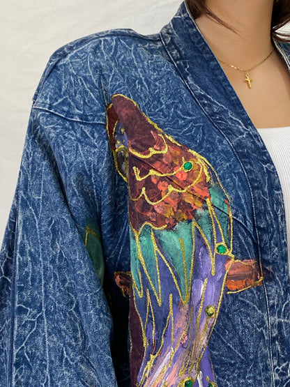 Vintage Christie California Hand Painted Denim Duster 80s Acid Wash Kimono Coat - 2XL