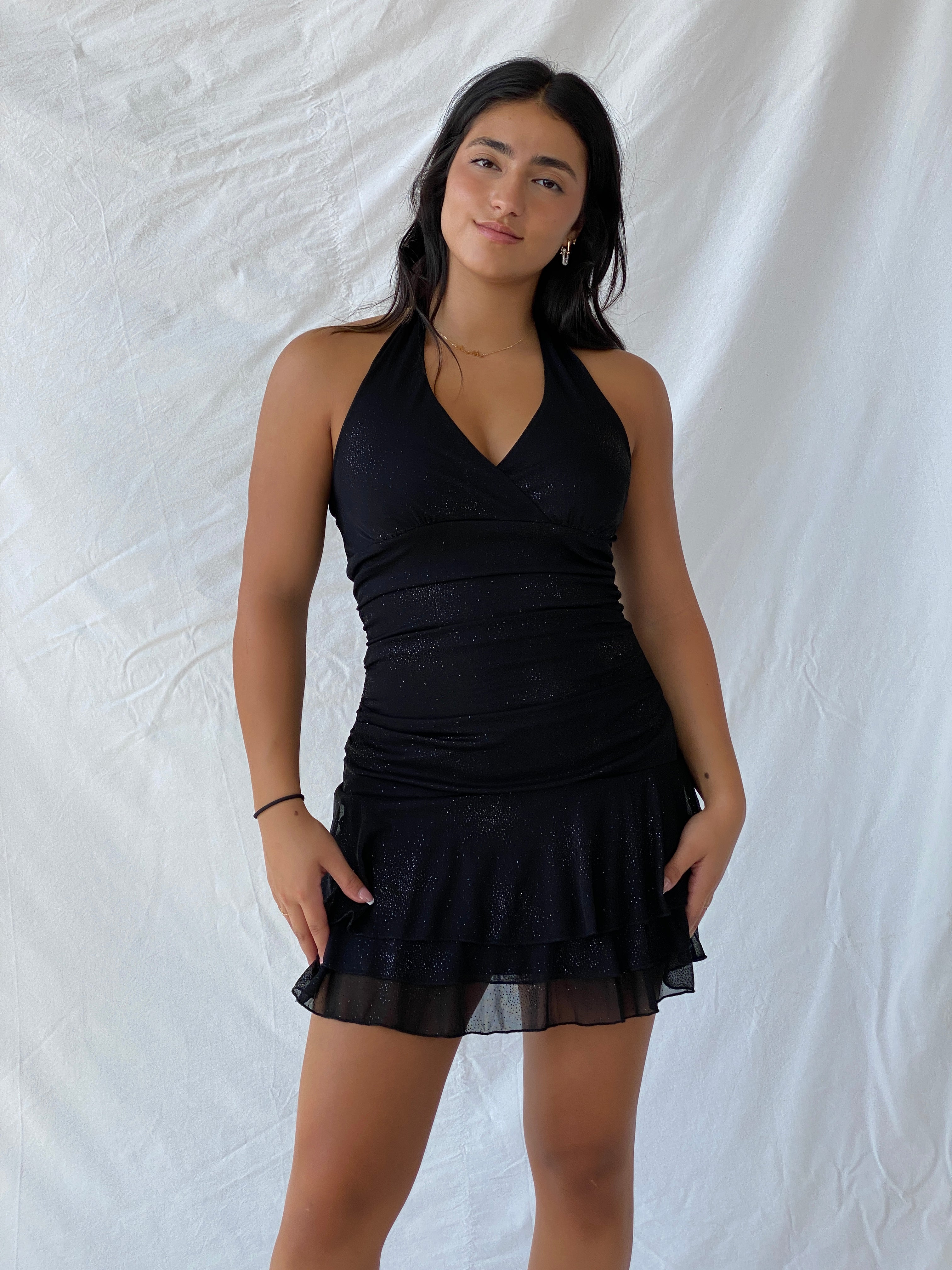 Vintage 00s Trixxi Mini Glittery Black Halter Dress - S