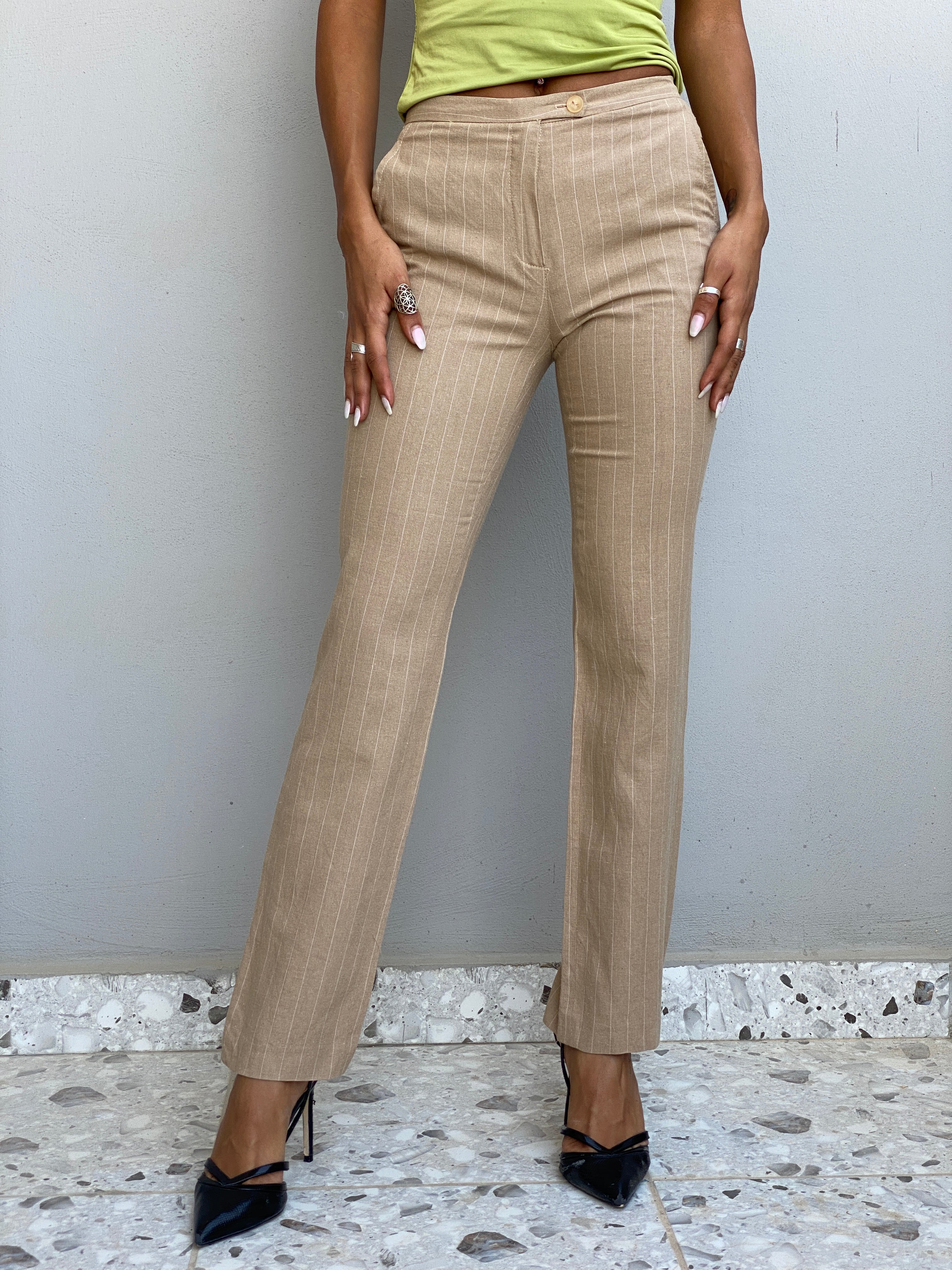 Vintage Y2K La City Paris Beige Pinstripe Low-Rise Straight Leg Trousers - XS