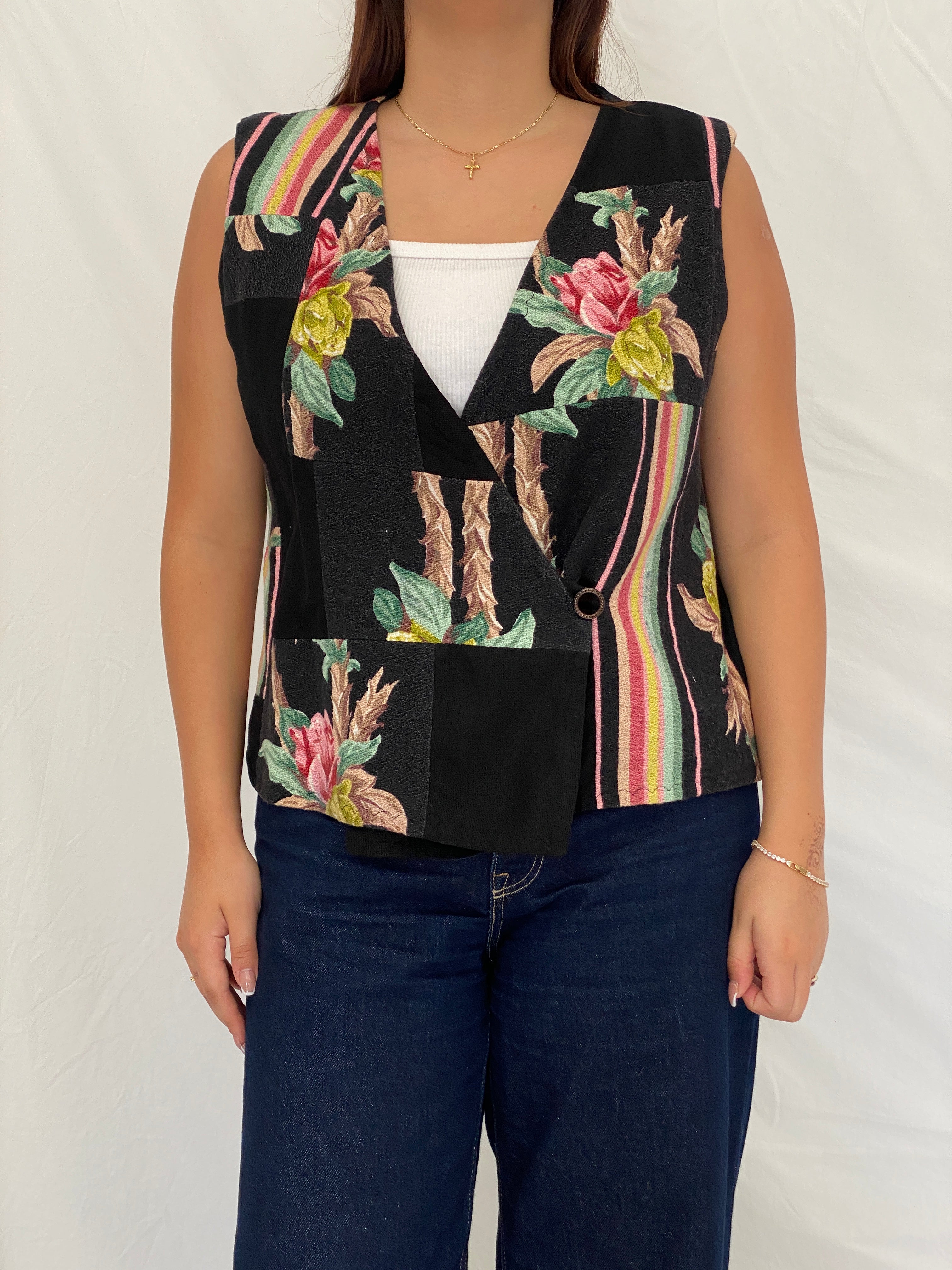 Vintage Black Patchwork Floral Vest Asymmetric Button Boho Waistcoat – L