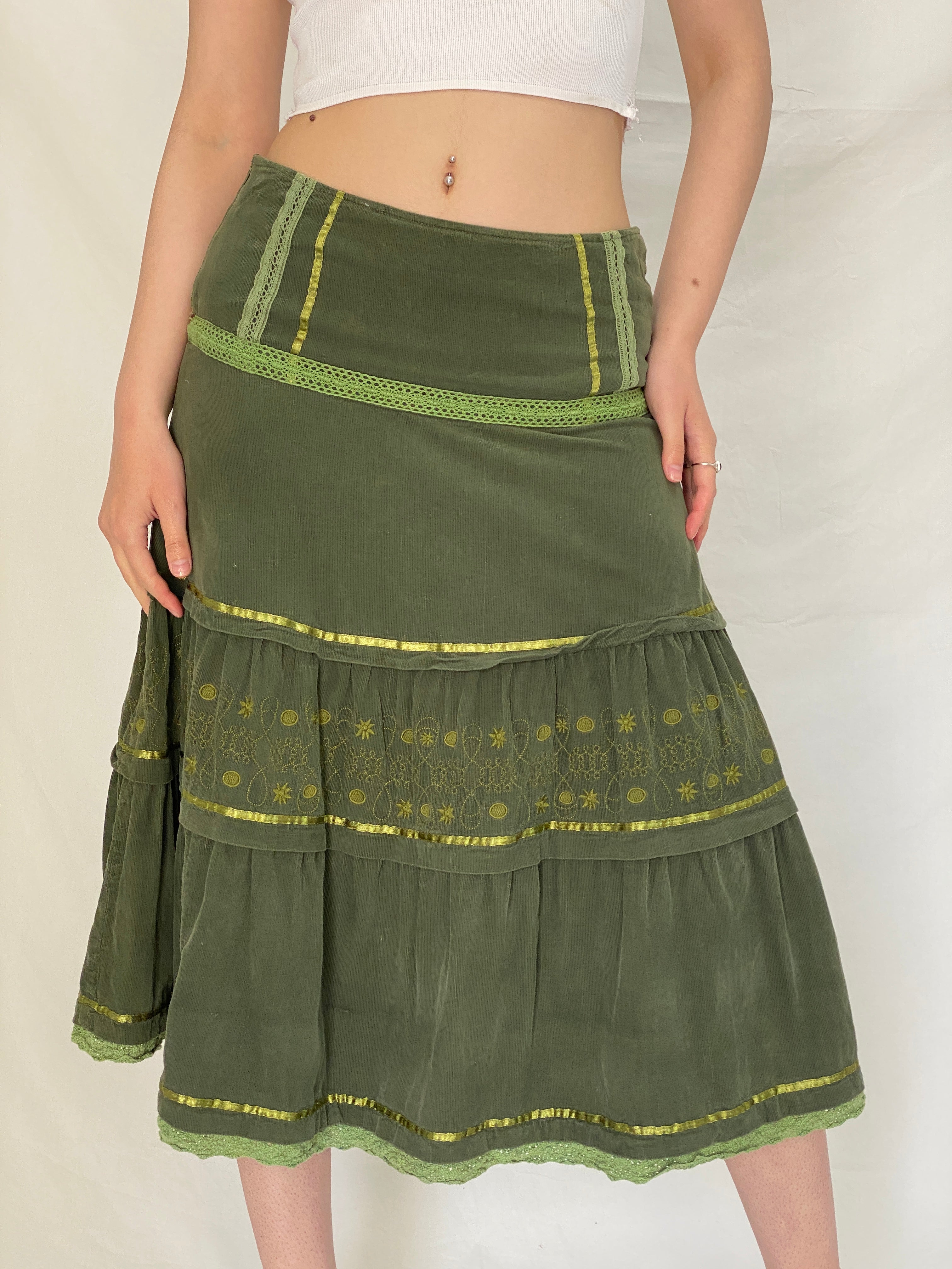 Vintage 90s Phildar Olive Midi Skirt - Corduroy Winter Skirt
