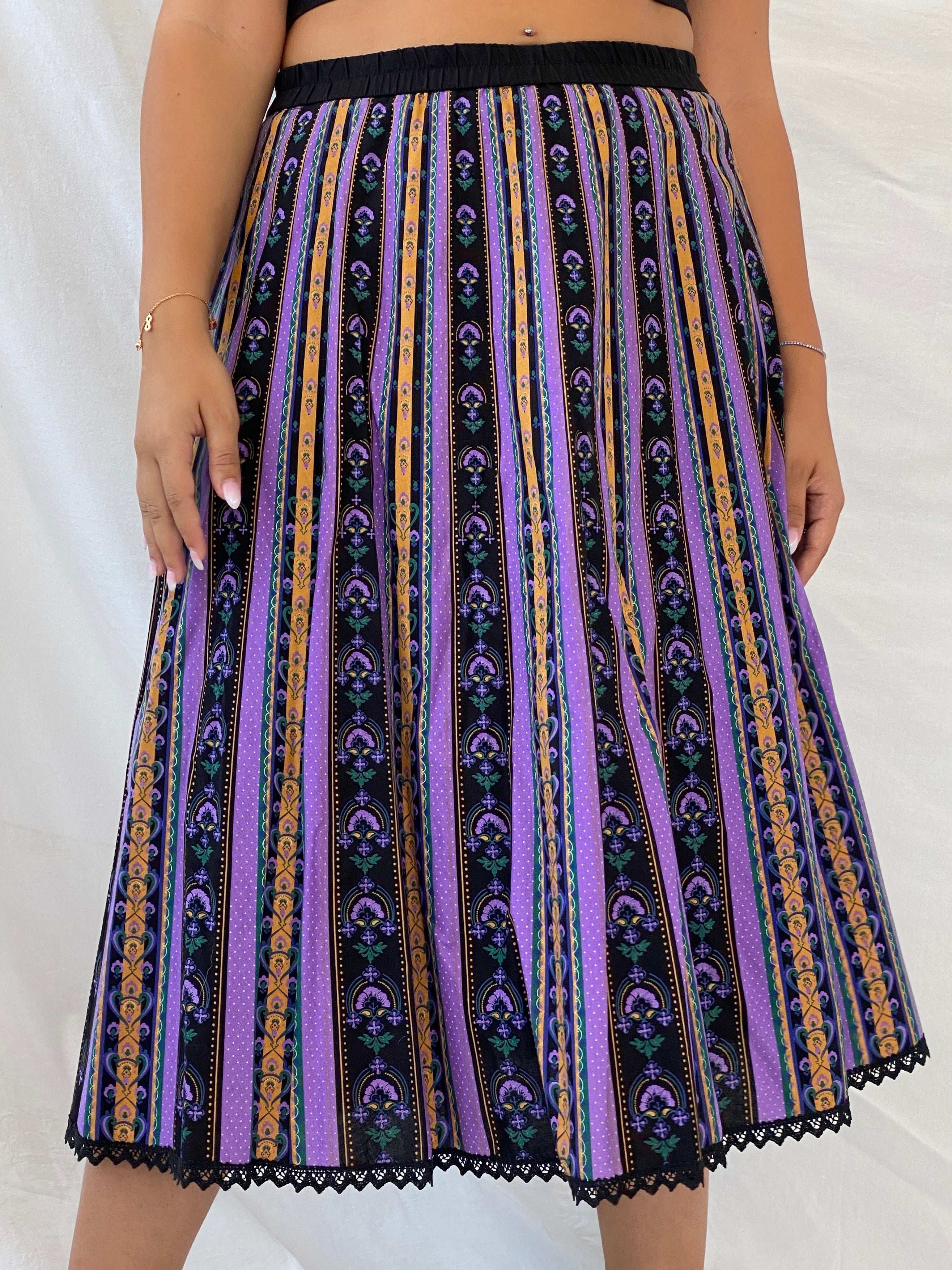 Vintage Angelika Moden Striped German-Folk Black and Purple Midi Cotton Skirt - L - Balagan Vintage Midi Skirt 00s, 90s, Dina, floral skirt, midi skirt, NEW IN, women skirt