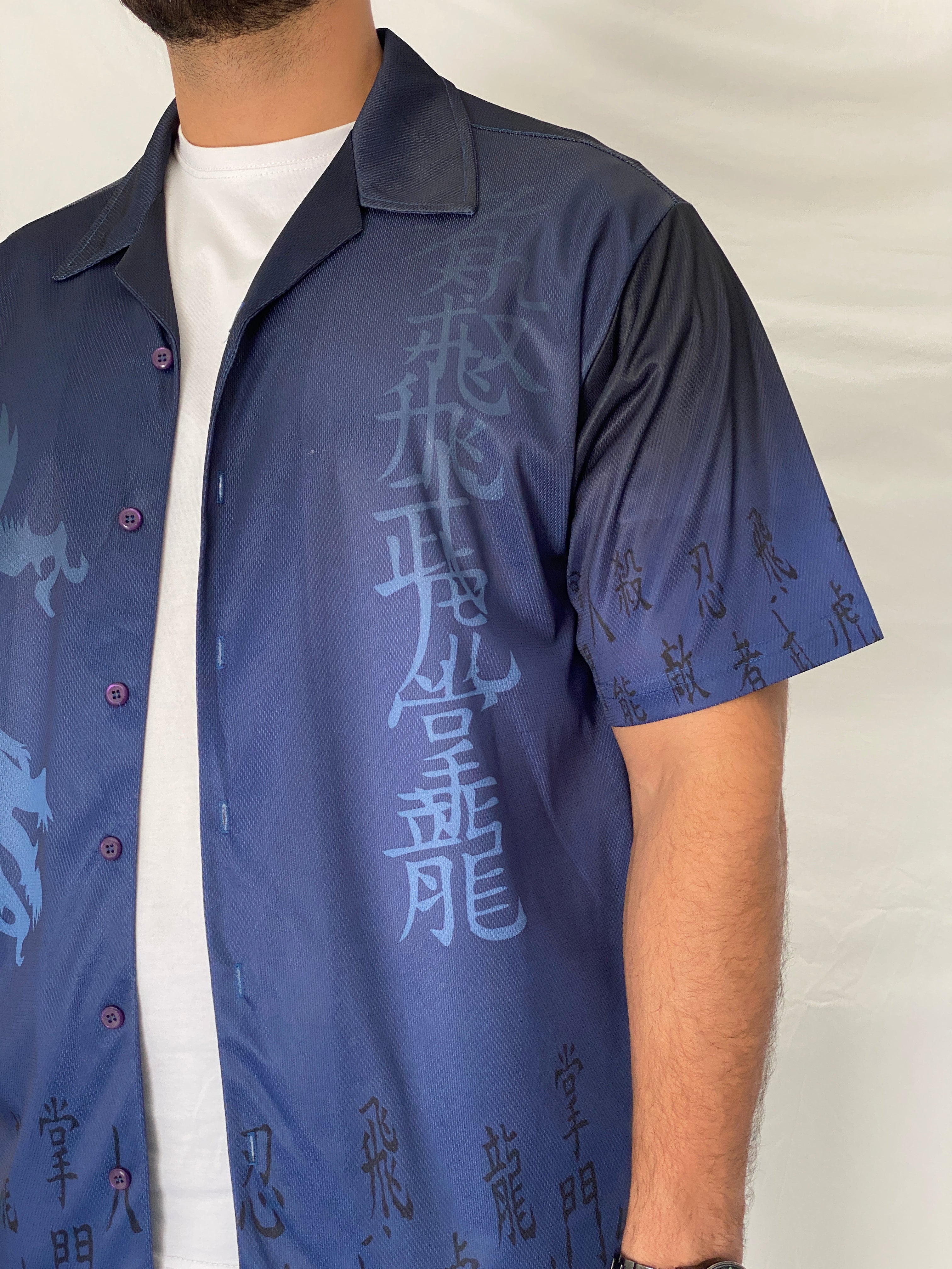 Vintage U Utility Blue Dragon Mesh Y2K Asian Graphic Shirt – M