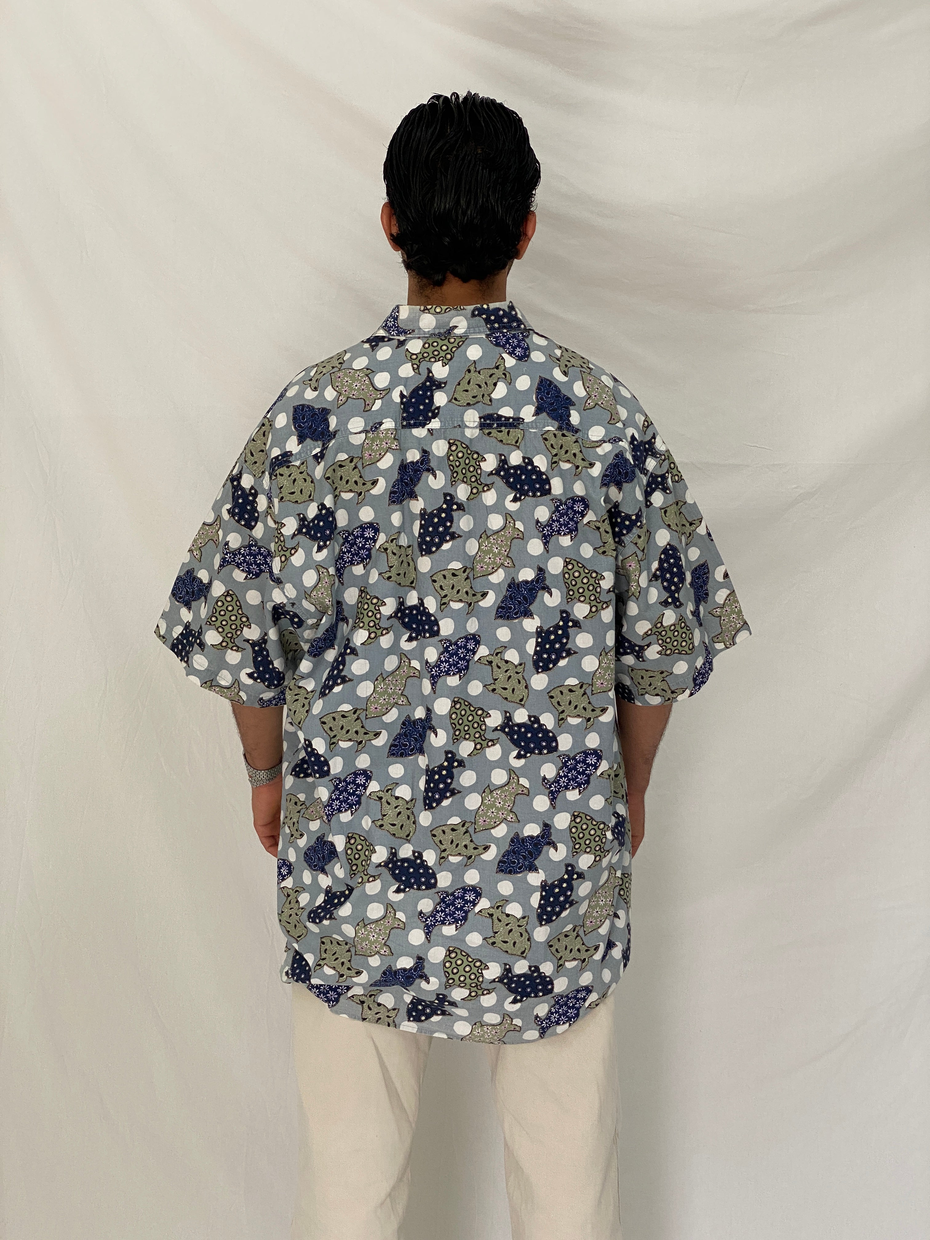 Vintage Guess Abstract Polka Dot Fish Print Blue Cotton Shirt – XL