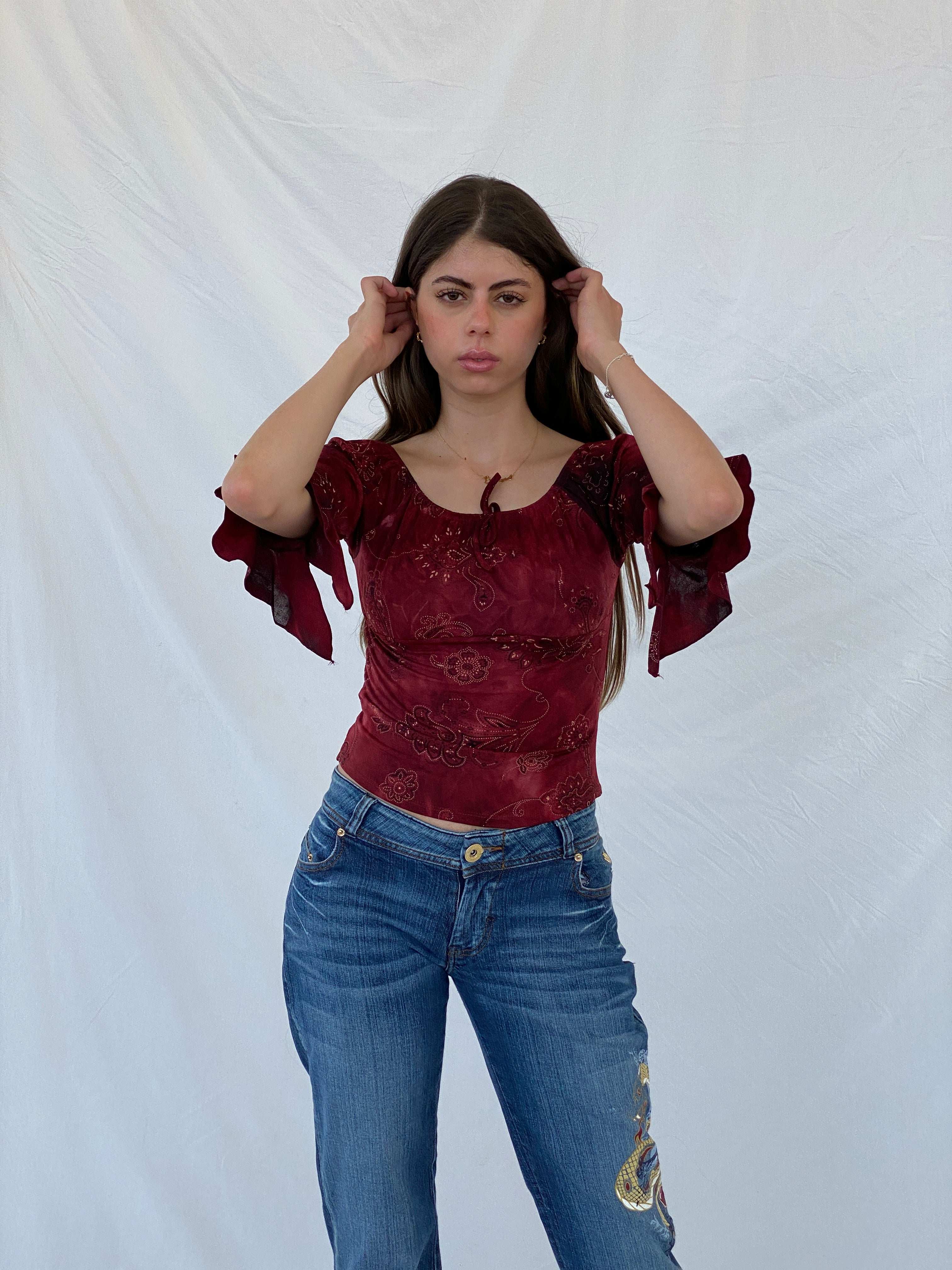 Vintage Floral Glittery Maroon Boho Top - S - Balagan Vintage Full Sleeve Top 90s, floral, floral top, full sleeve top, Mira, NEW IN