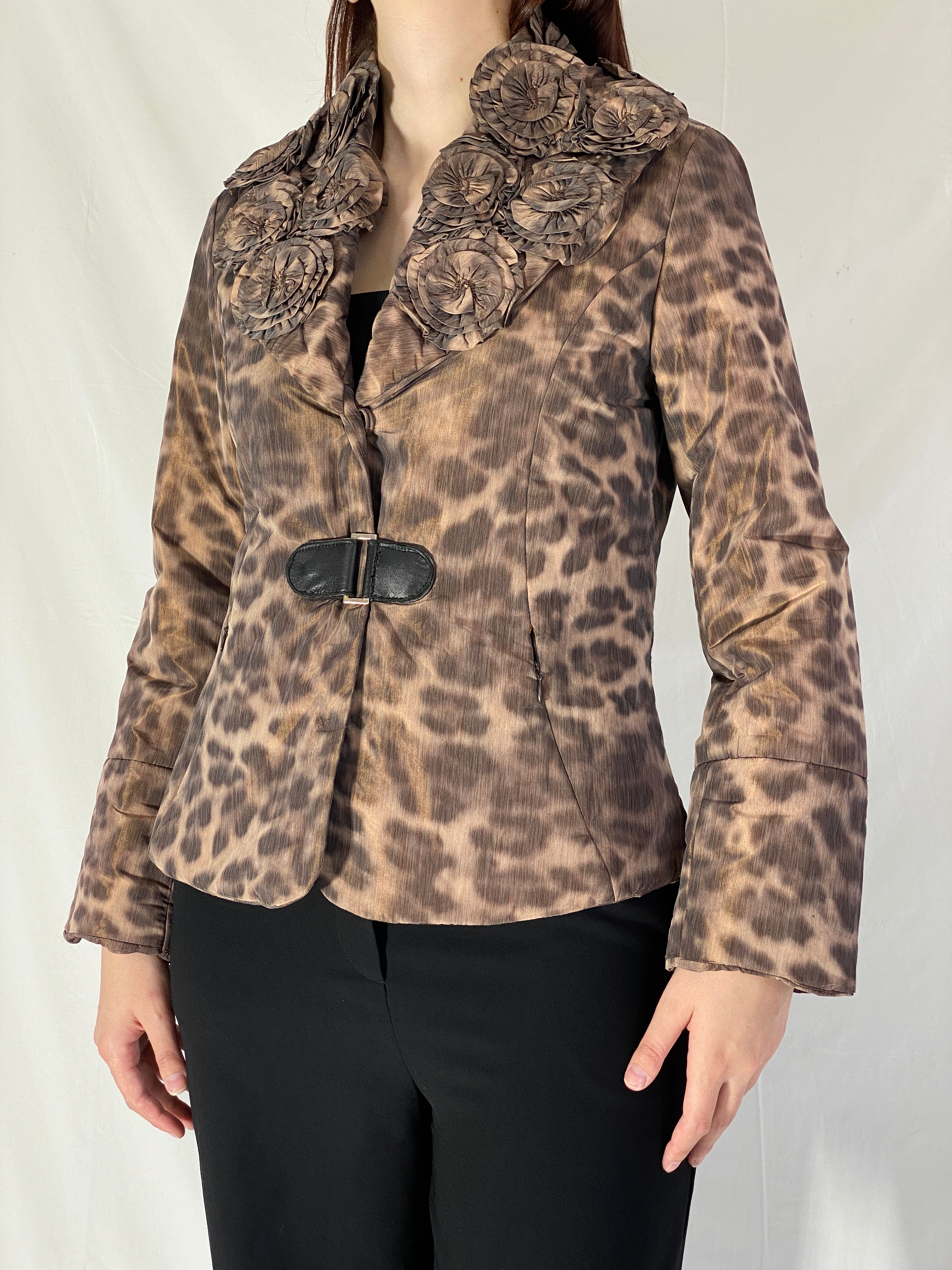 Boko Collection Brown Leopard Print Light Jacket with Floral Collar Detail - M