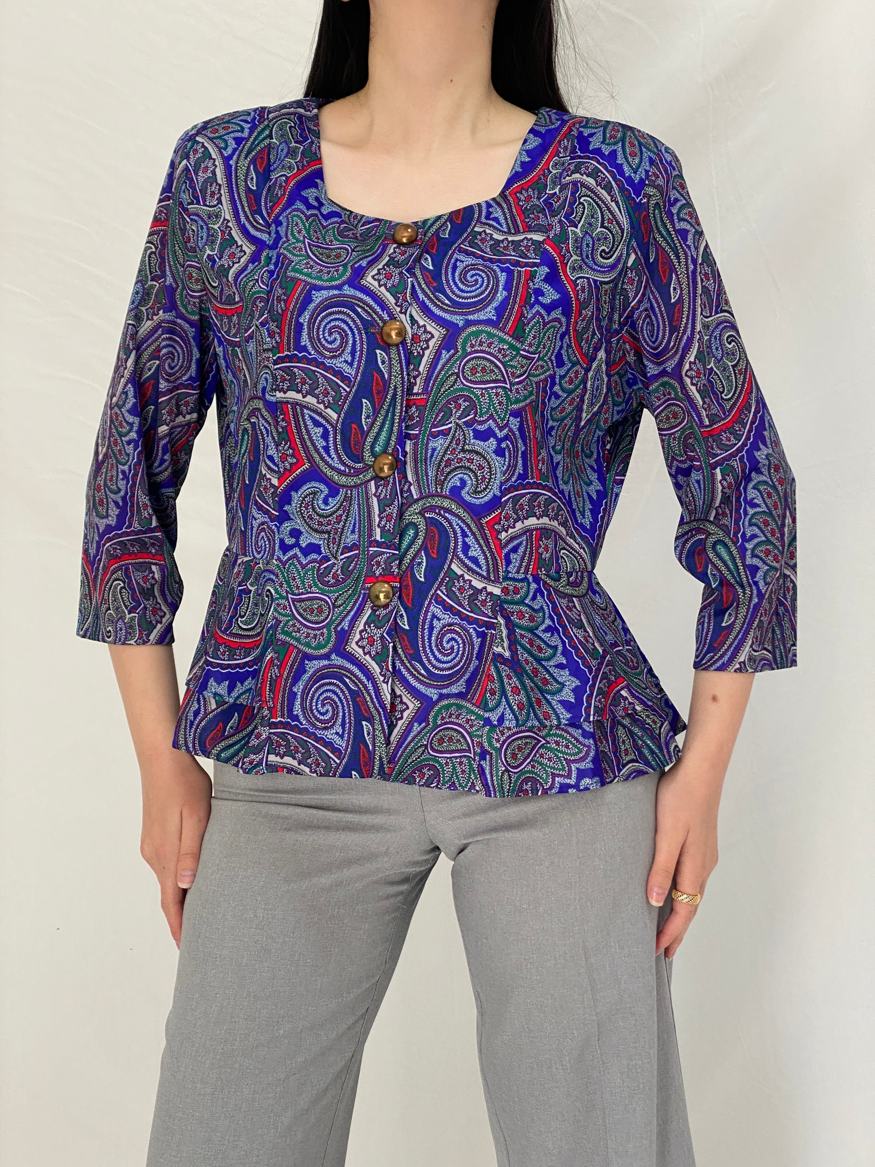 Vintage Amanda Blair Paisley Navy Peplum Satin Blouse Jewel Tone Print with Gold Buttons - L