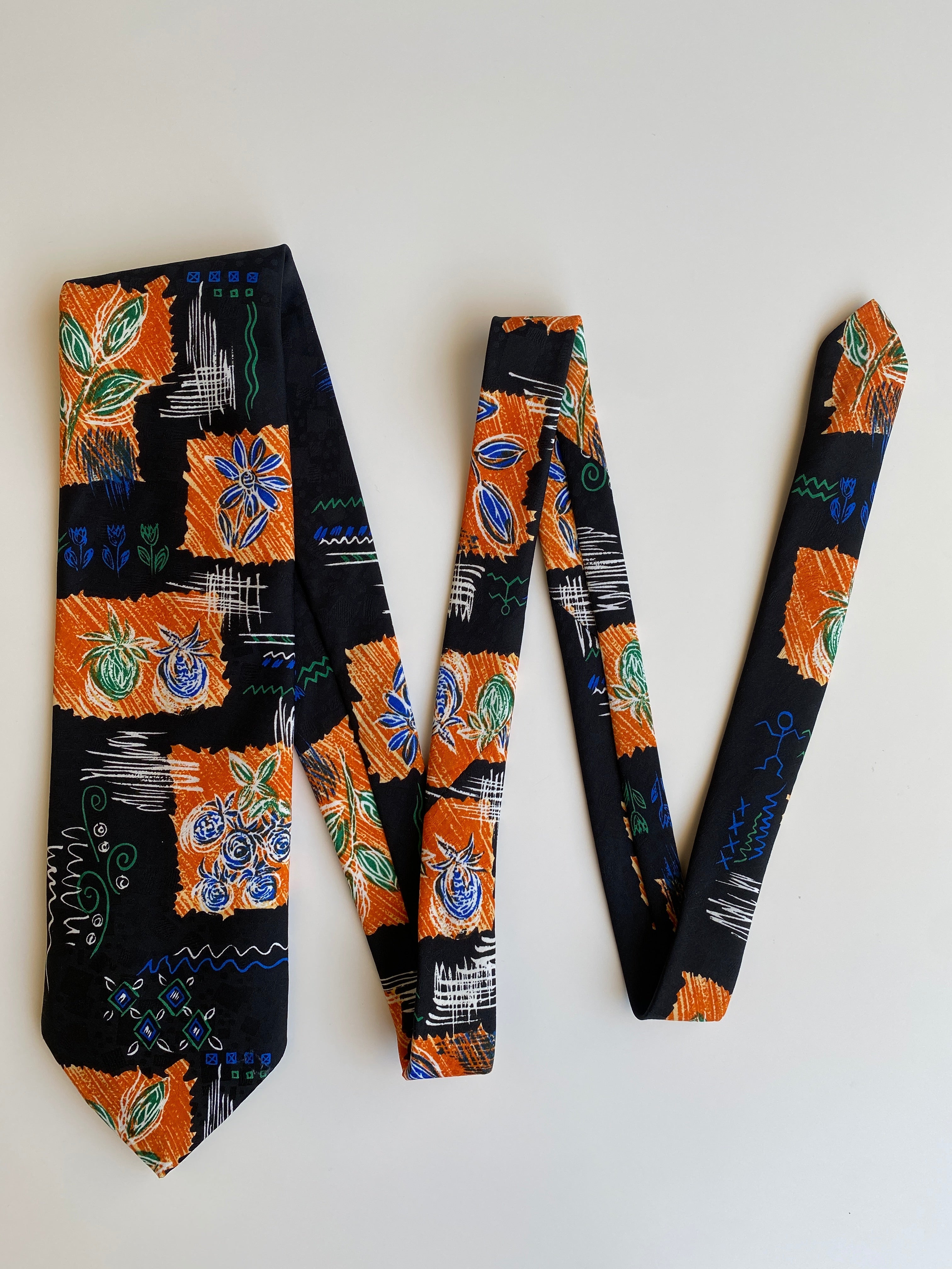 Vintage 90s T Fashion Black Orange Floral Abstract Wide Necktie