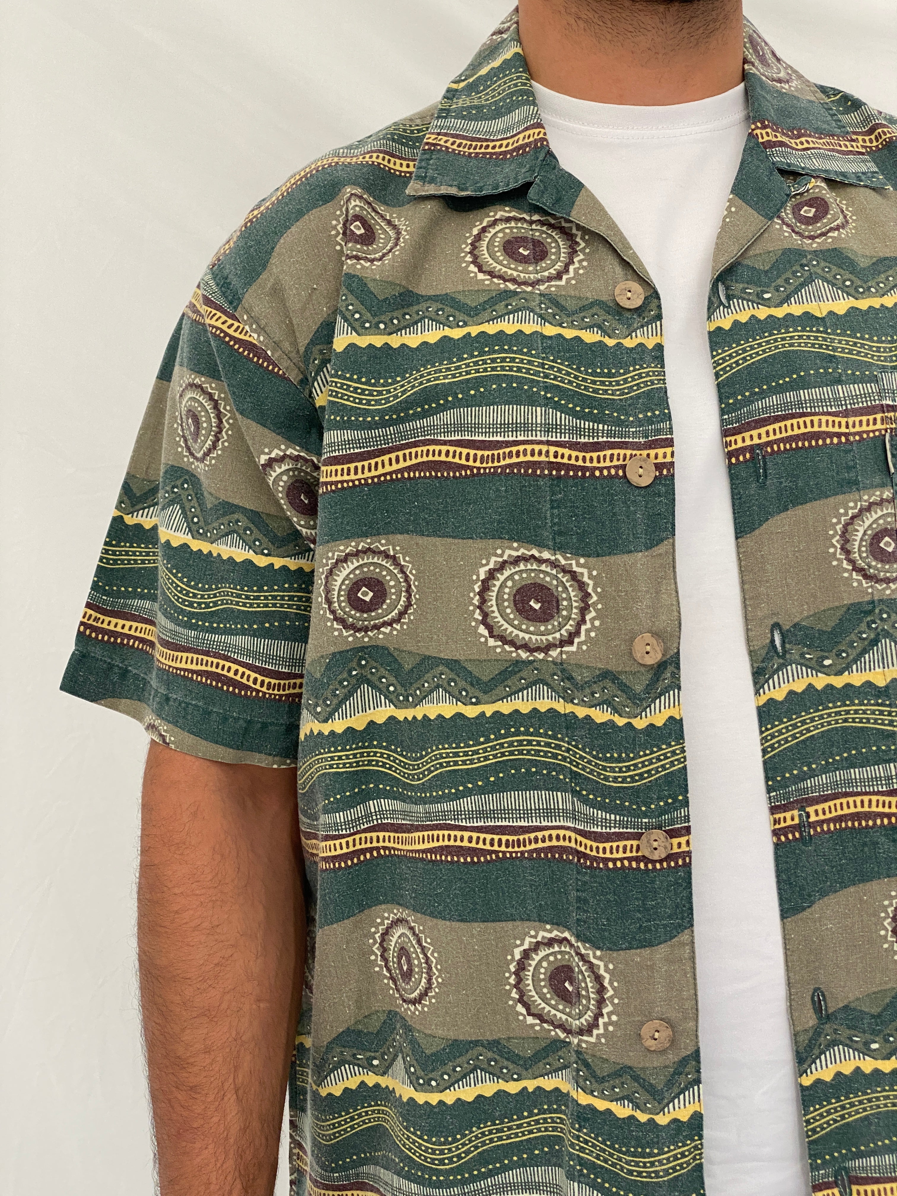 90s Bugle Boy Green Abstract Cotton Ramie Camp Shirt – M